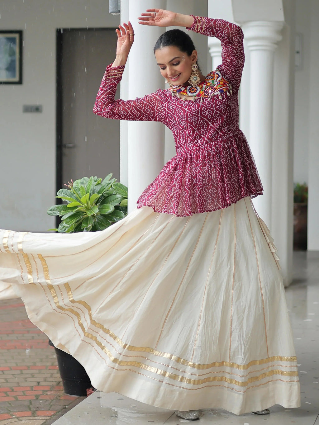 Red Kora Cotton Bandhani Print Top with Gota Patti Lehenga for Navratri