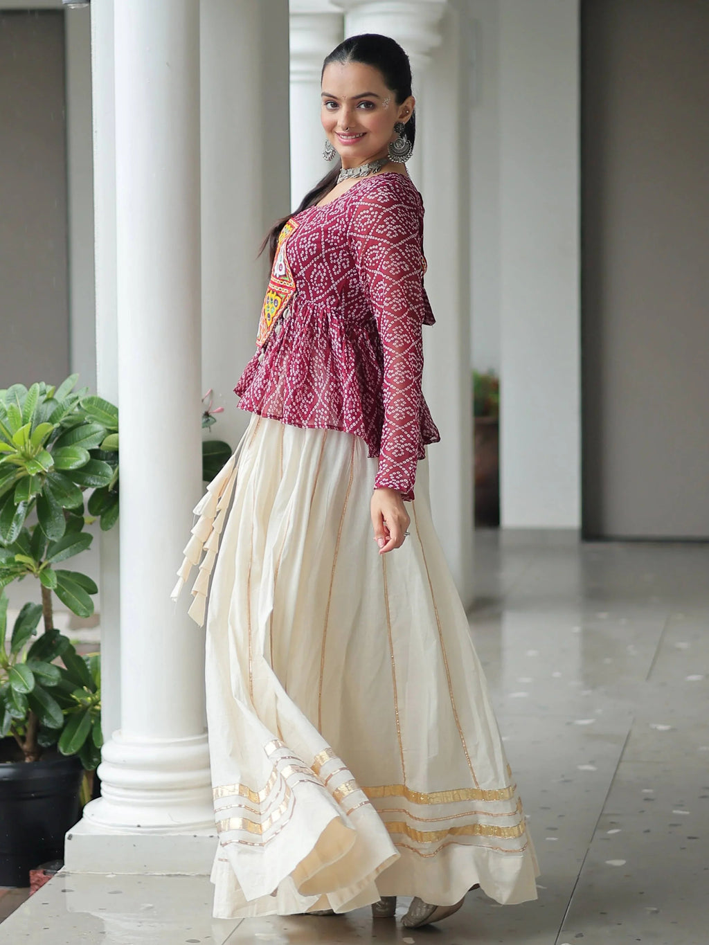Red Kora Cotton Bandhani Print Top with Gota Patti Lehenga for Navratri