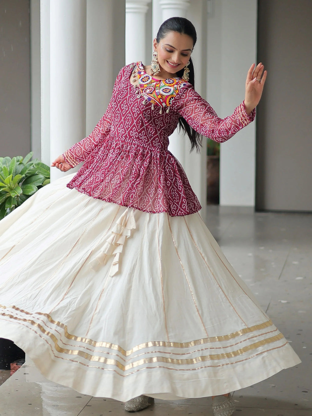 Red Kora Cotton Bandhani Print Top with Gota Patti Lehenga for Navratri