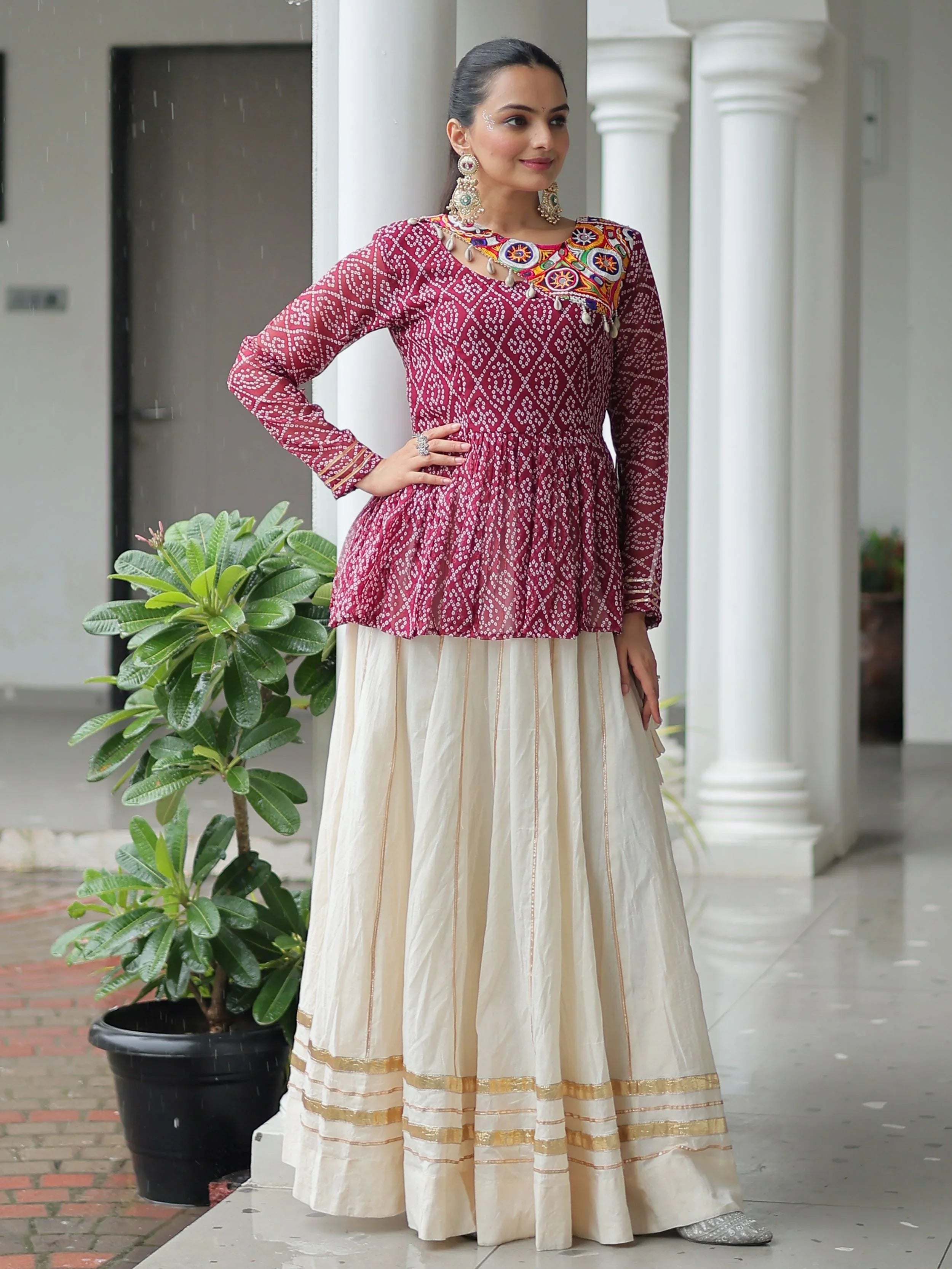 Red Kora Cotton Bandhani Print Top with Gota Patti Lehenga for Navratri