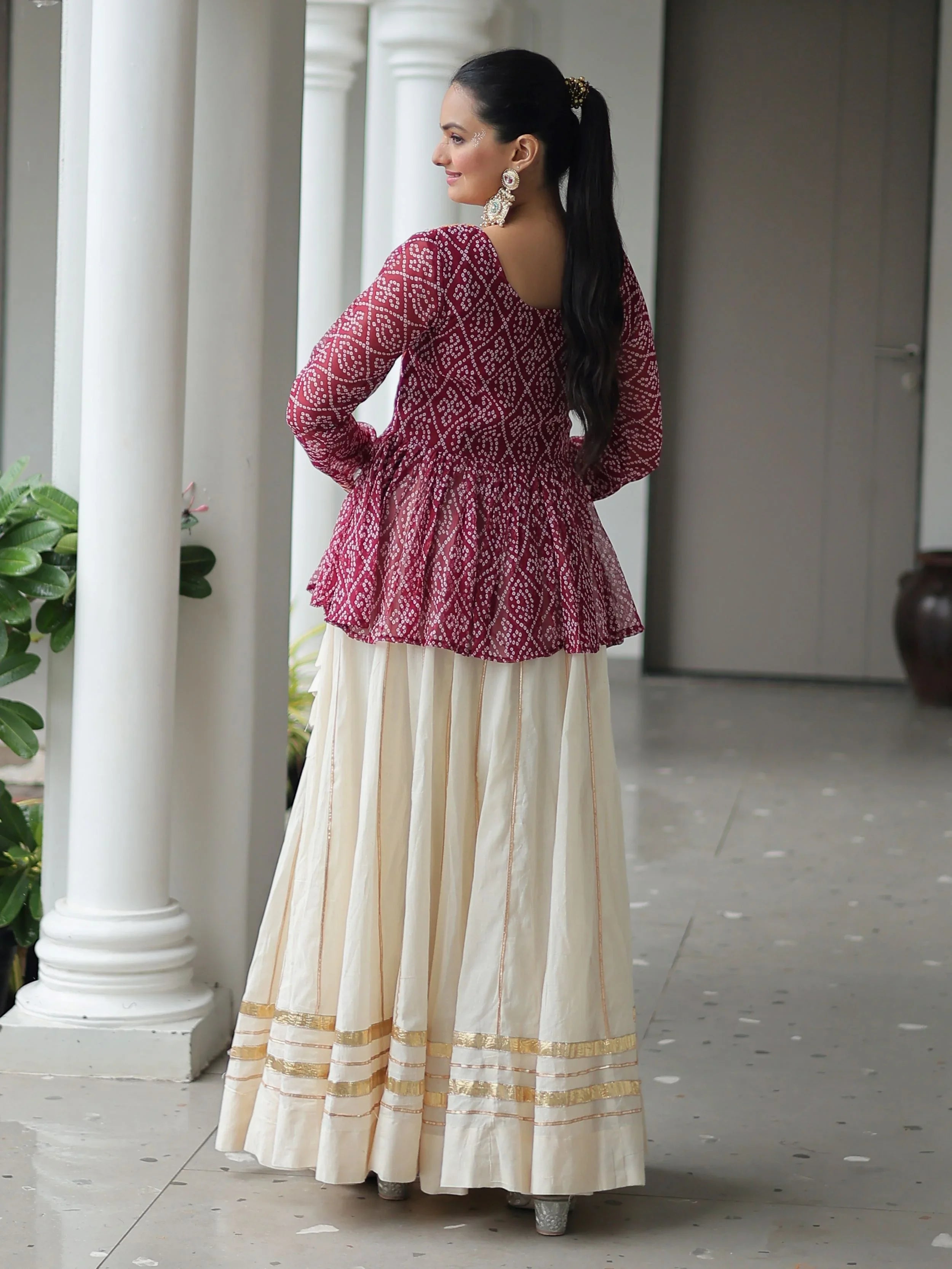 Red Kora Cotton Bandhani Print Top with Gota Patti Lehenga for Navratri