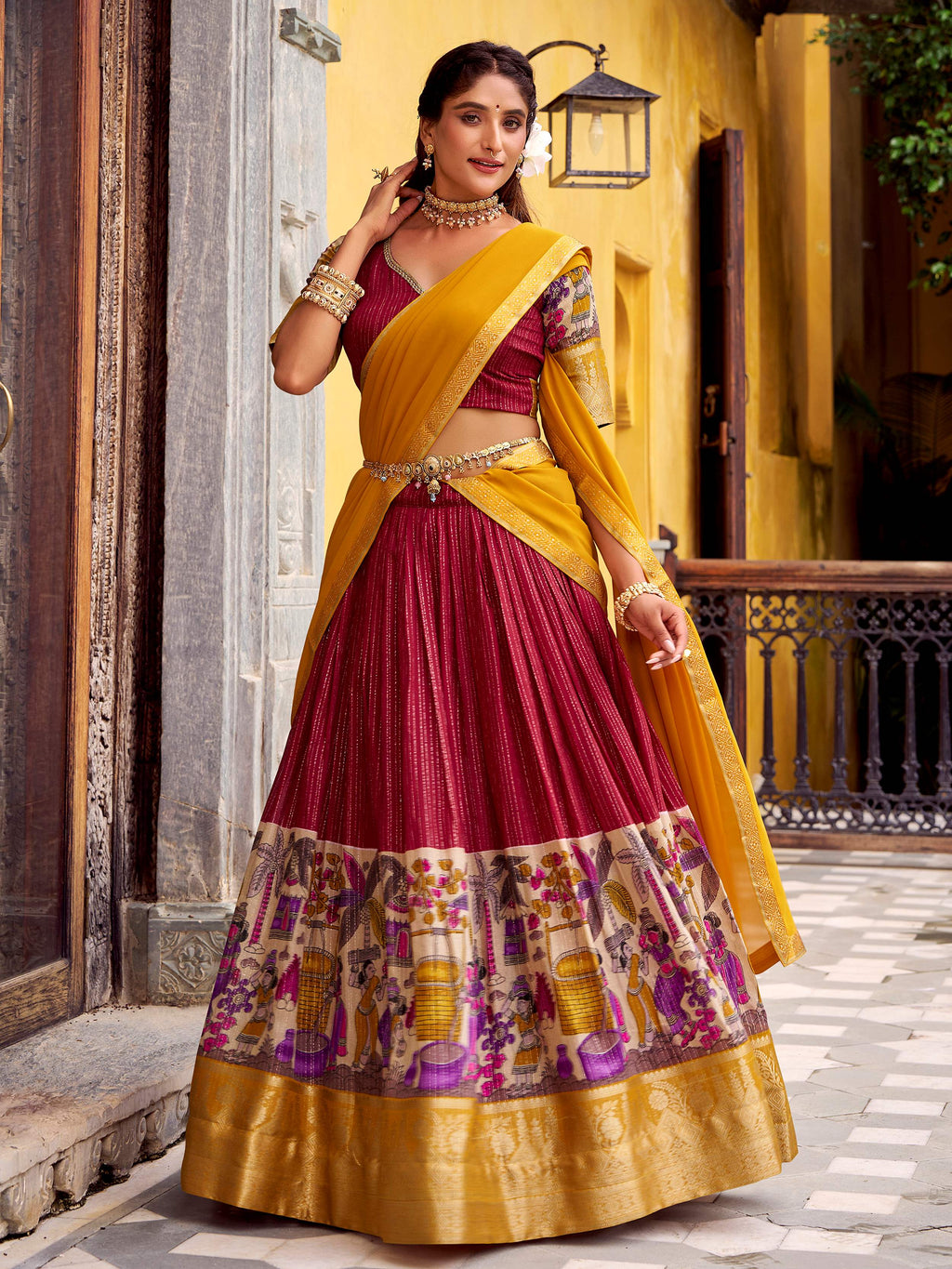 Red Poly Chanderi Kalamkari Print Zari Weaving Half Saree Lehenga