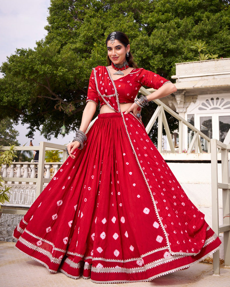 Red Pure Chanderi Bandhej Print with Lace Work Lehenga Choli