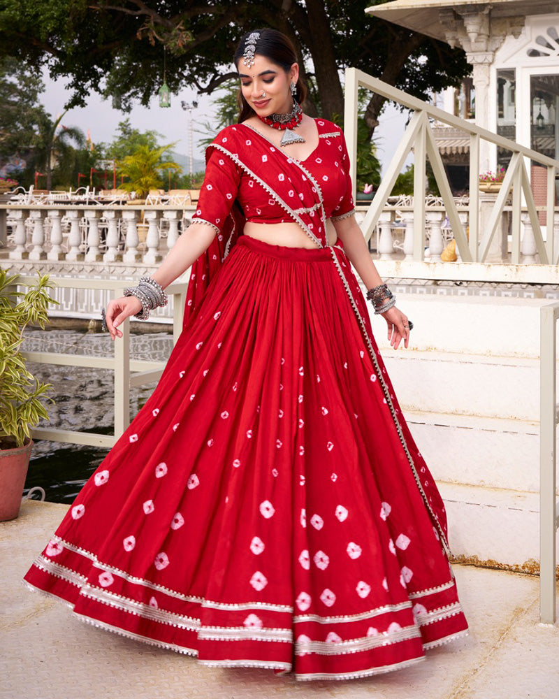 Red Pure Chanderi Bandhej Print with Lace Work Lehenga Choli