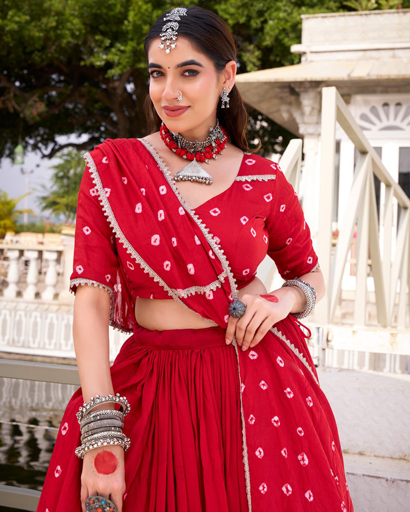 Red Pure Chanderi Bandhej Print with Lace Work Lehenga Choli