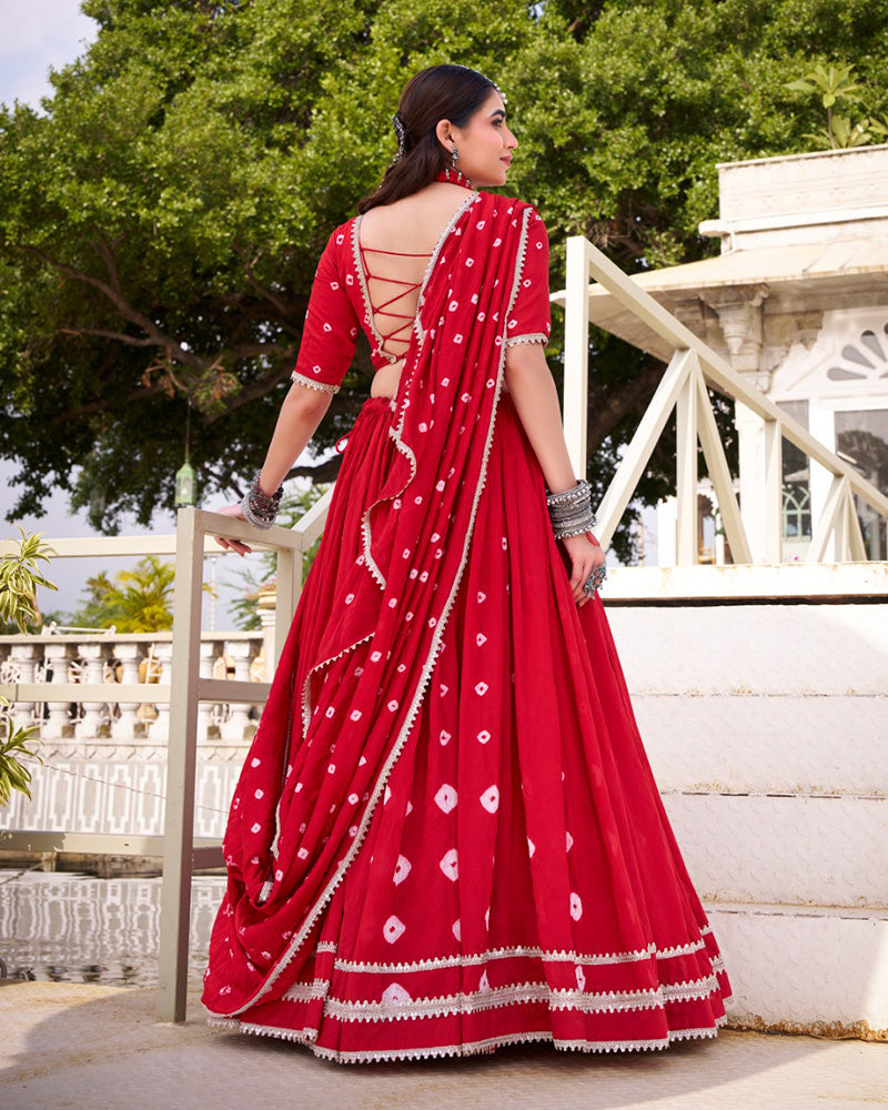 Red Pure Chanderi Bandhej Print with Lace Work Lehenga Choli