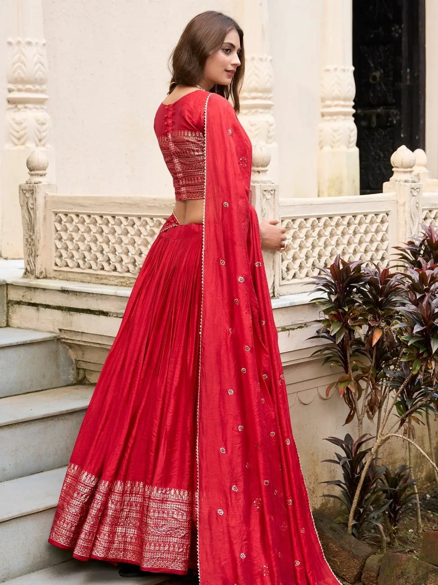 Red Pure Chanderi Plain Zari Weaving Lehenga Choli