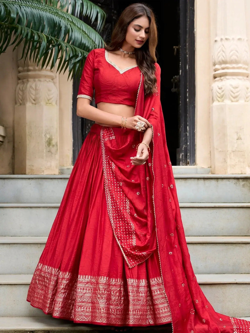 Red Pure Chanderi Plain Zari Weaving Lehenga Choli