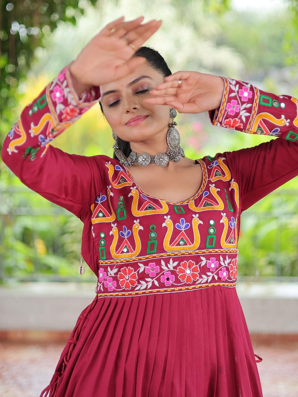 Red pure rayon nayra cut kurti with kutchi gamthi work