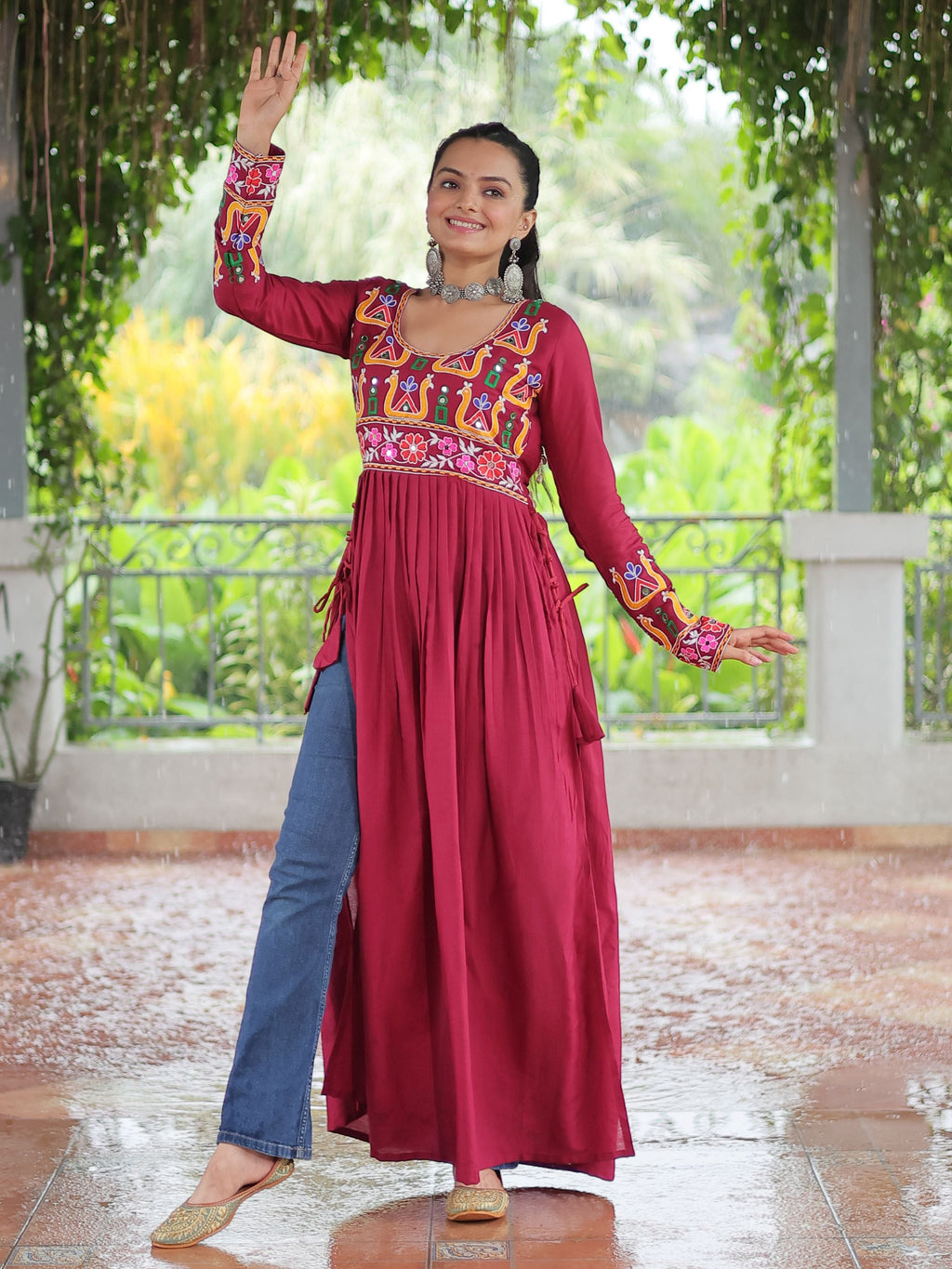 Red pure rayon nayra cut kurti with kutchi gamthi work