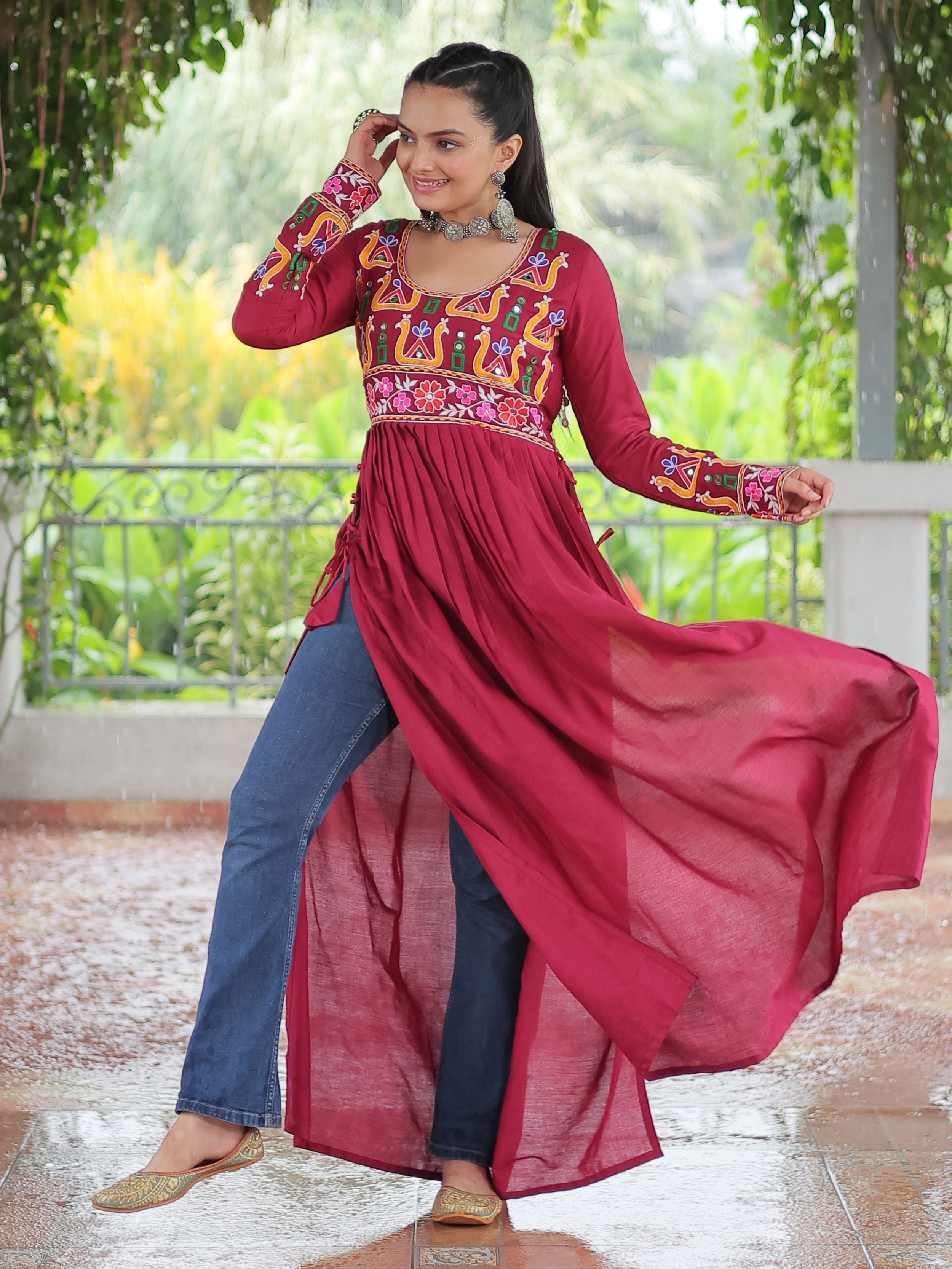 Red Pure Rayon Kutchi Gamthi Work Nayra Cut Kurti
