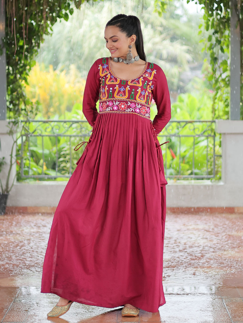 Red pure rayon nayra cut kurti with kutchi gamthi work