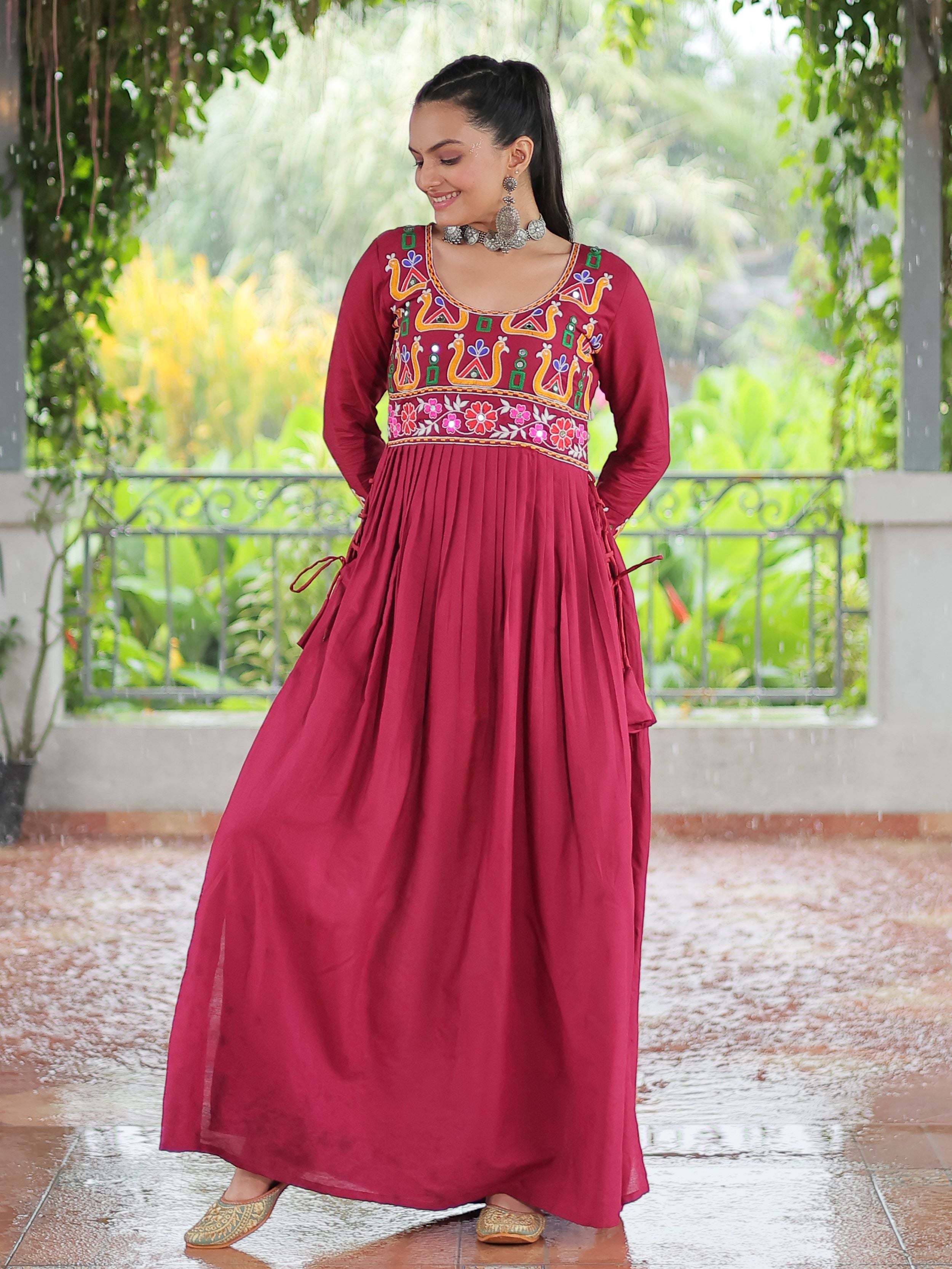 Red pure rayon nayra cut kurti with kutchi gamthi work