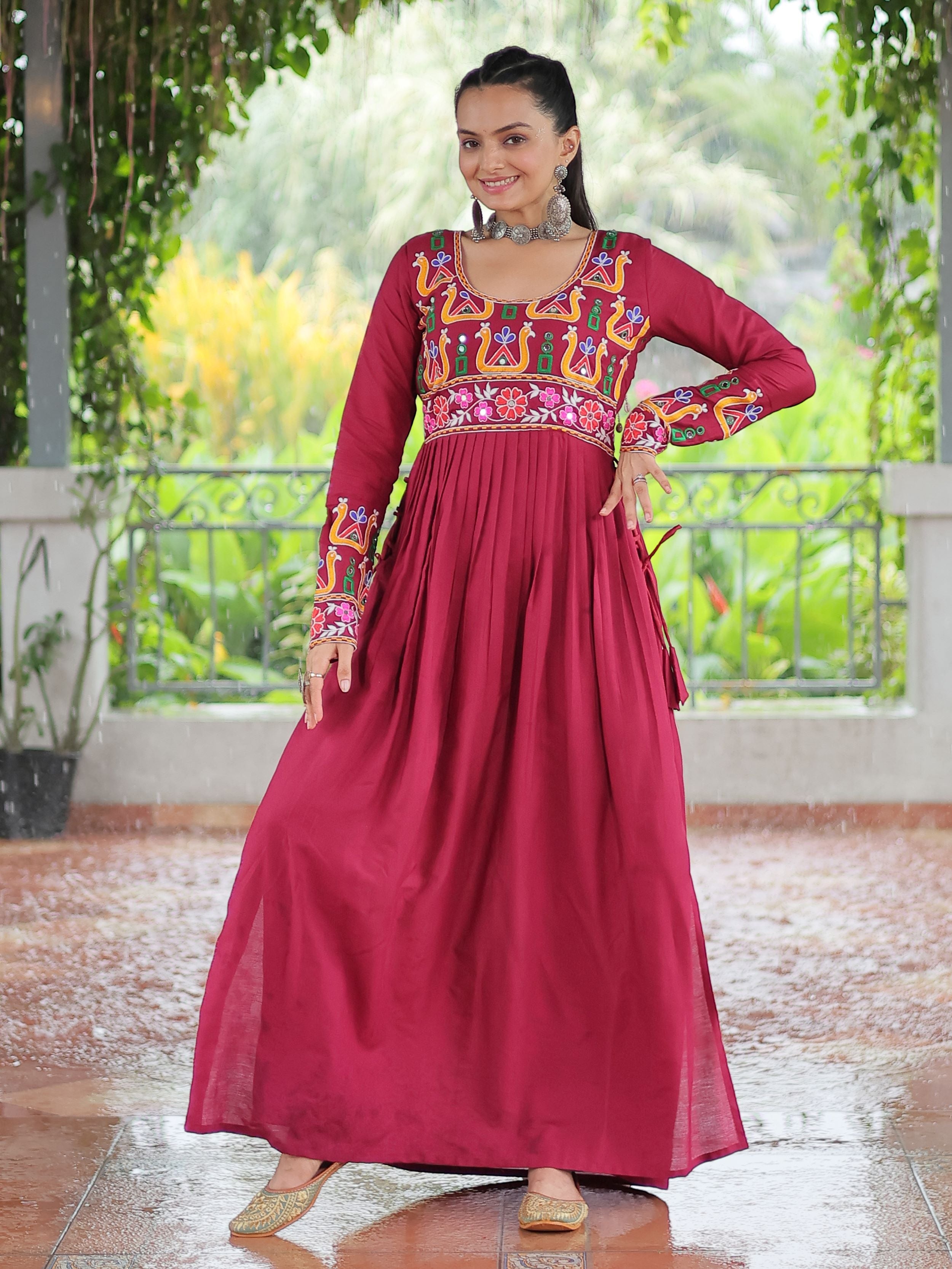 Red pure rayon nayra cut kurti with kutchi gamthi work