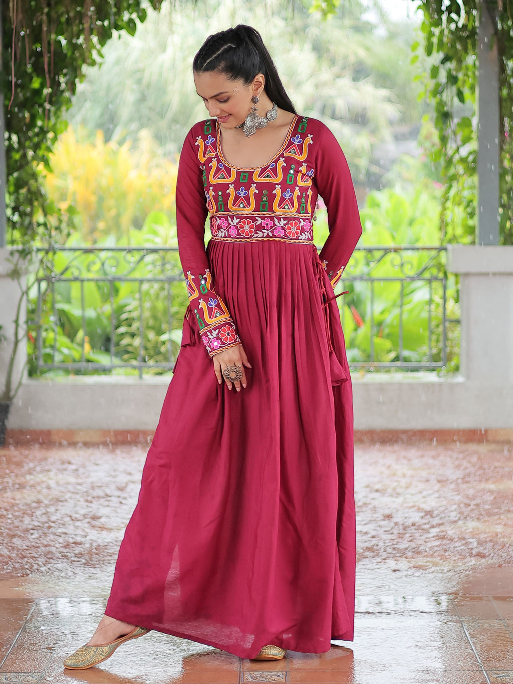Red pure rayon nayra cut kurti with kutchi gamthi work