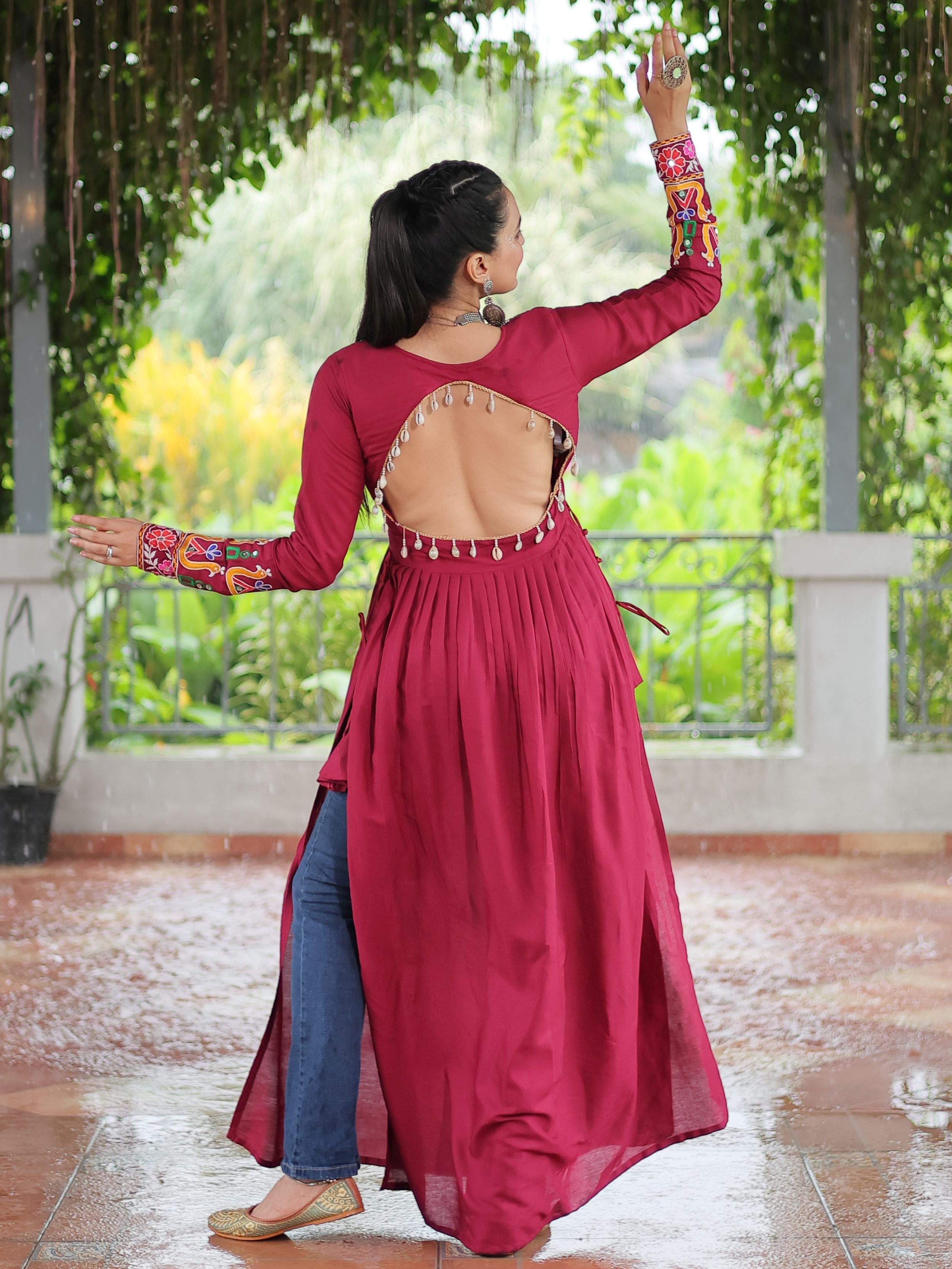 Red pure rayon nayra cut kurti with kutchi gamthi work