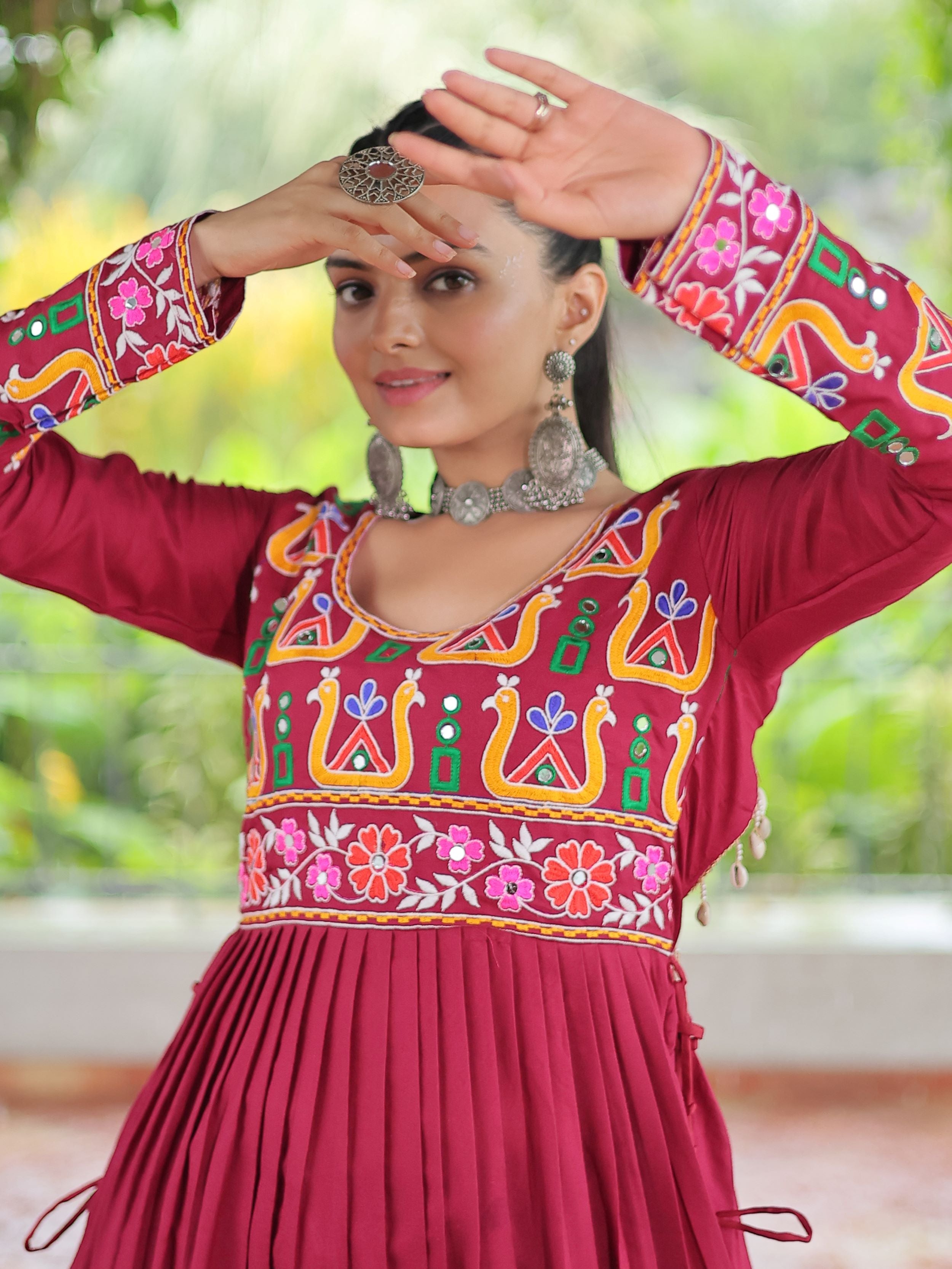 Red pure rayon nayra cut kurti with kutchi gamthi work