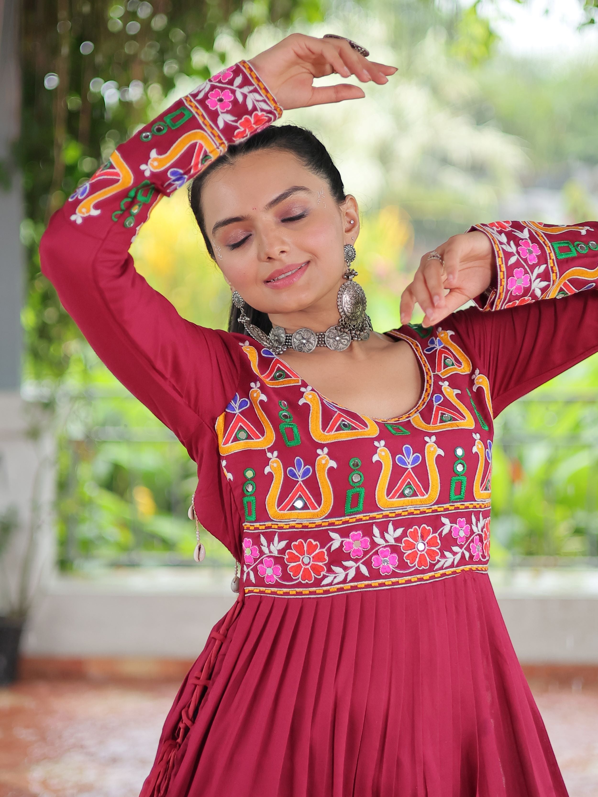 Red pure rayon nayra cut kurti with kutchi gamthi work