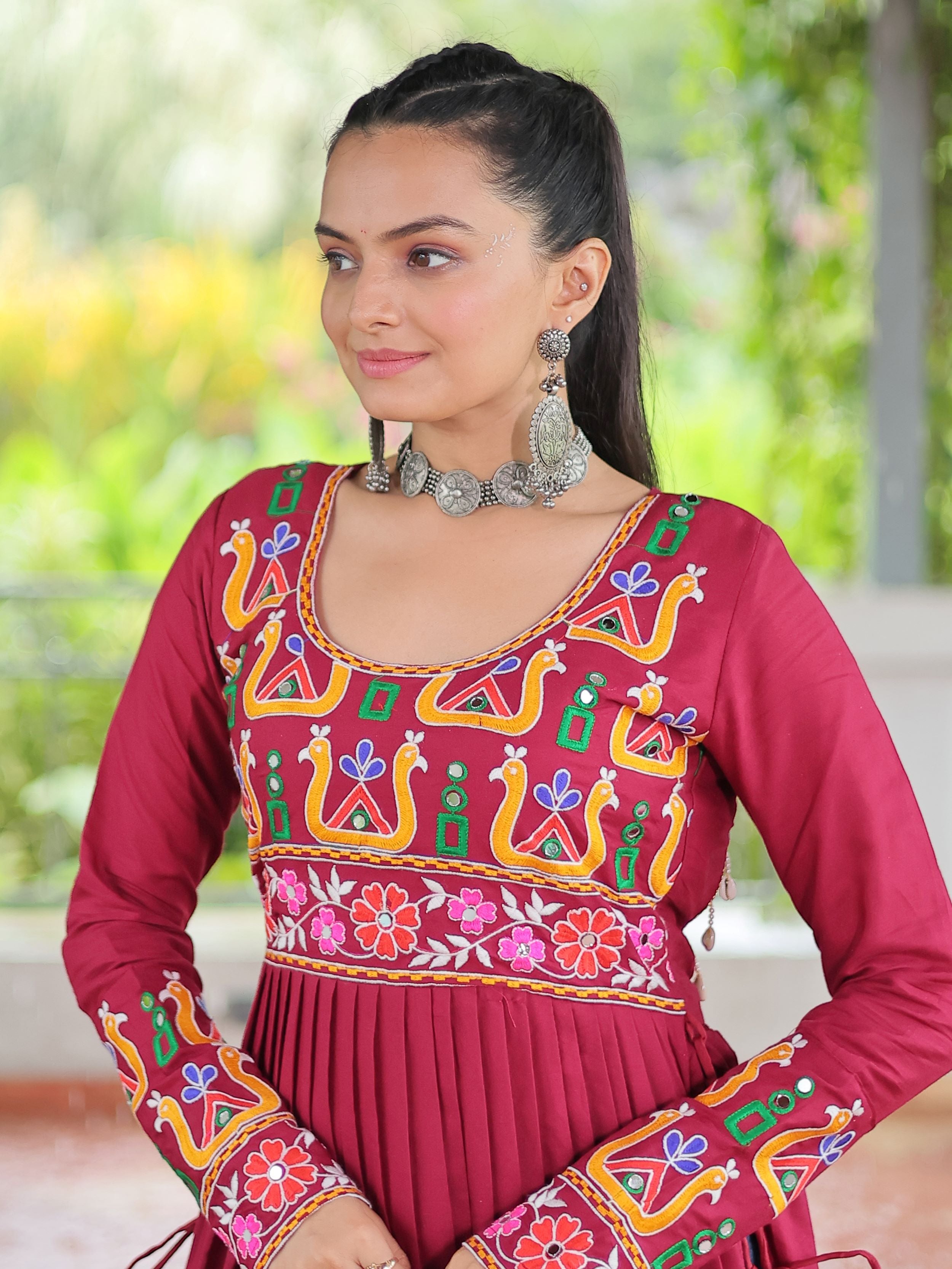 Red pure rayon nayra cut kurti with kutchi gamthi work
