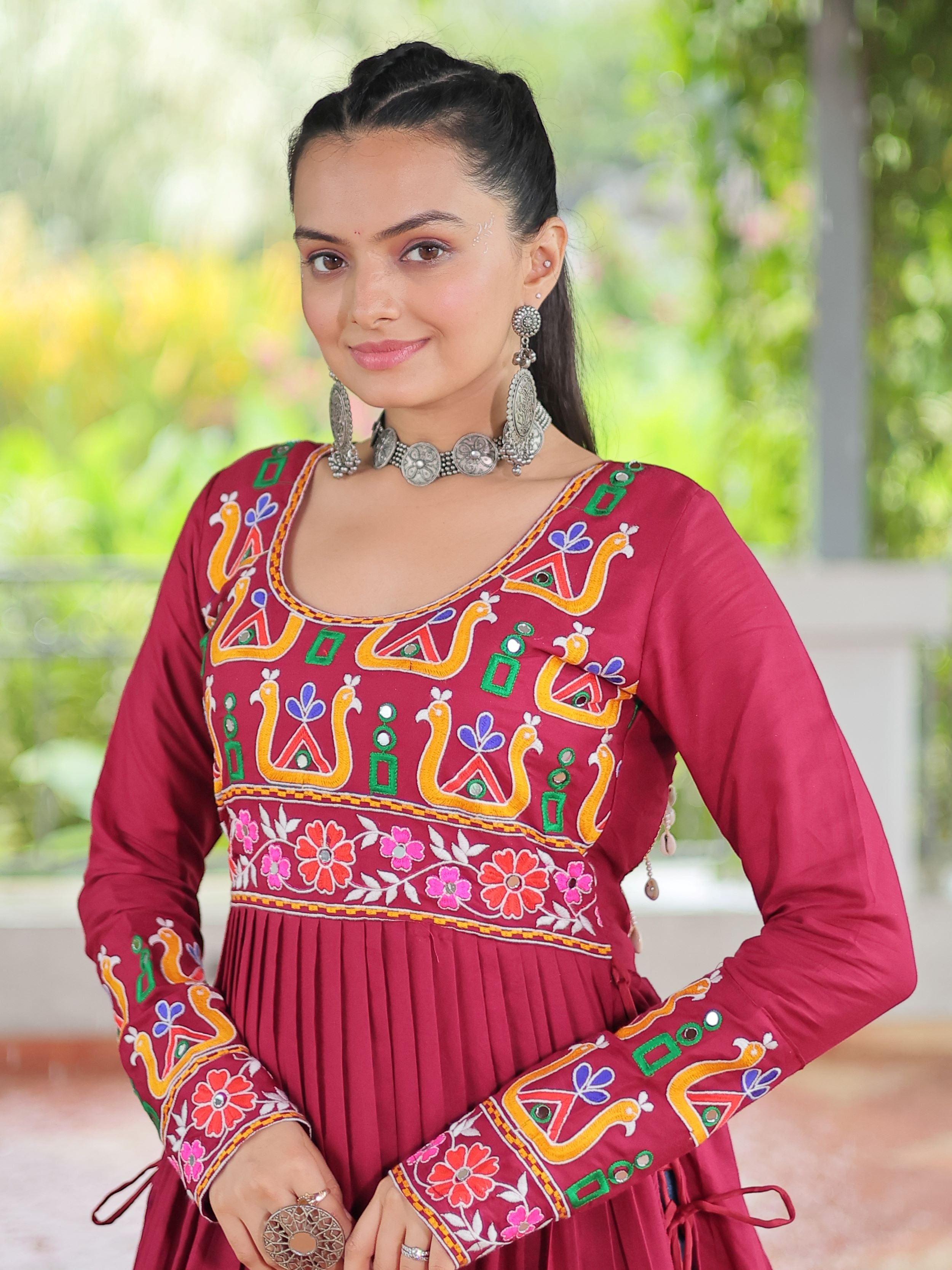 Red pure rayon nayra cut kurti with kutchi gamthi work