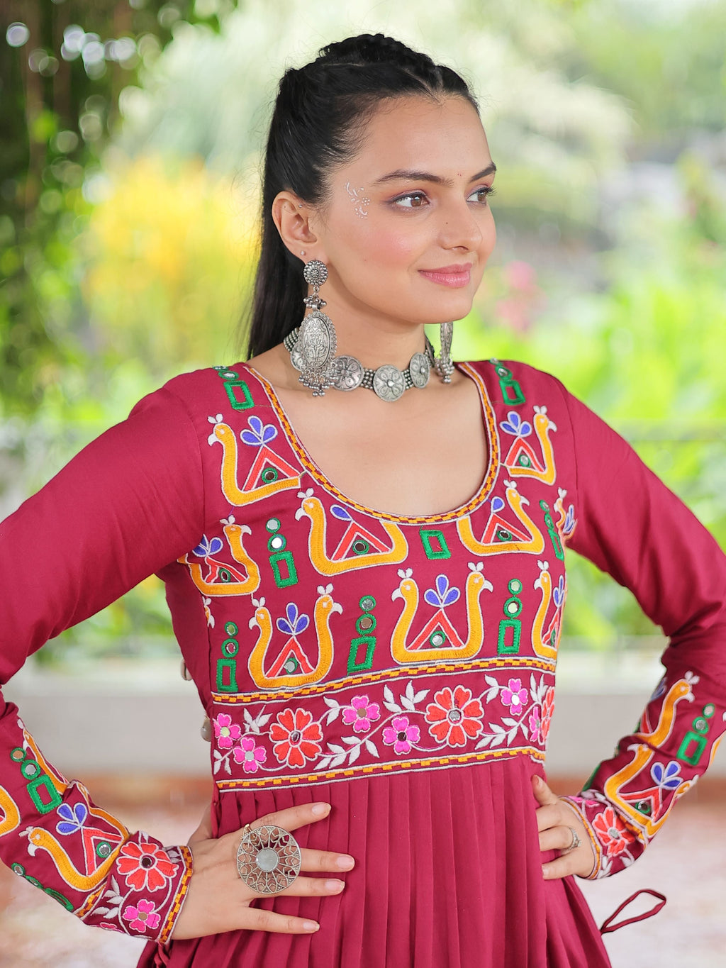 Red pure rayon nayra cut kurti with kutchi gamthi work