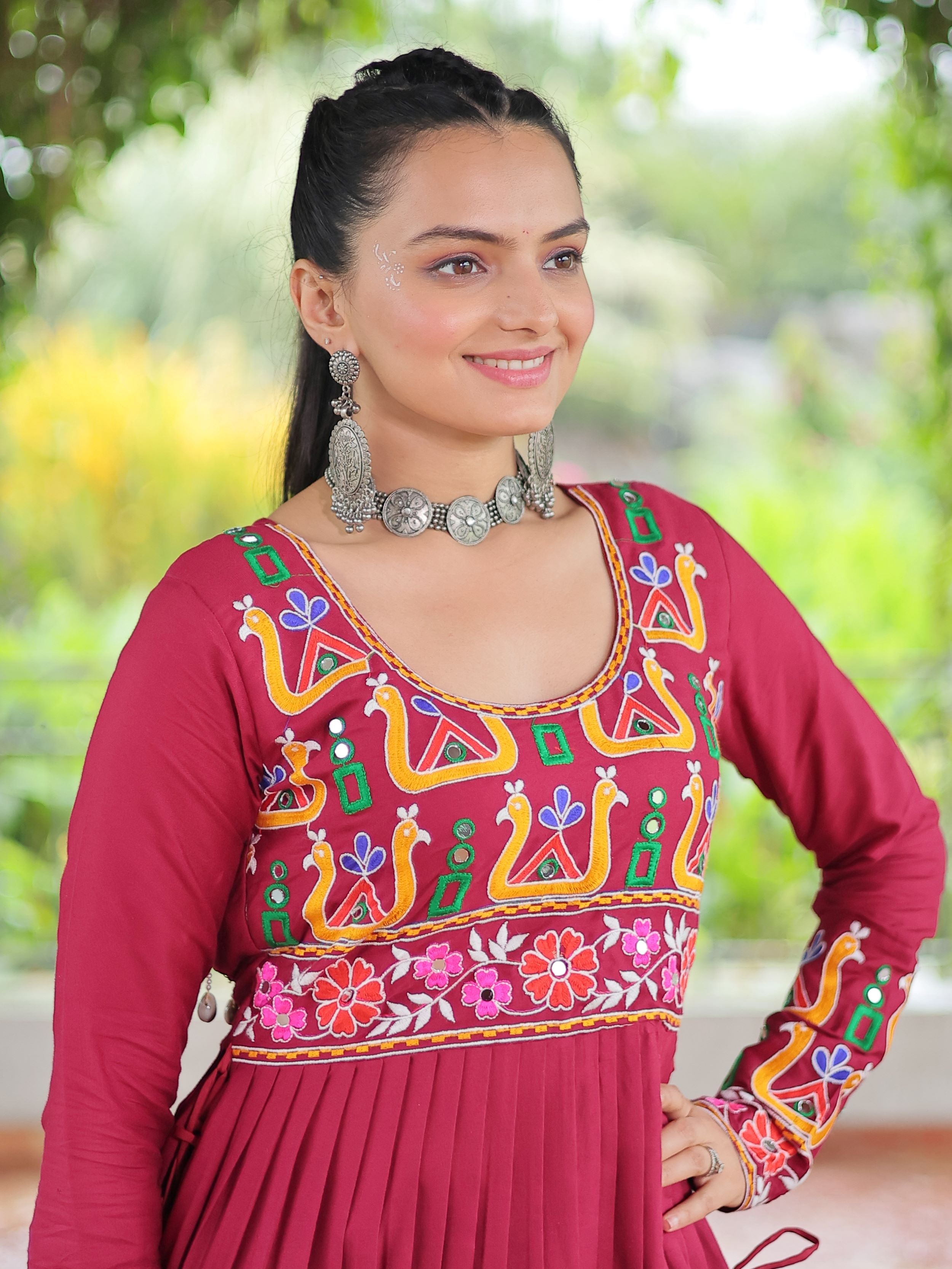 Red pure rayon nayra cut kurti with kutchi gamthi work