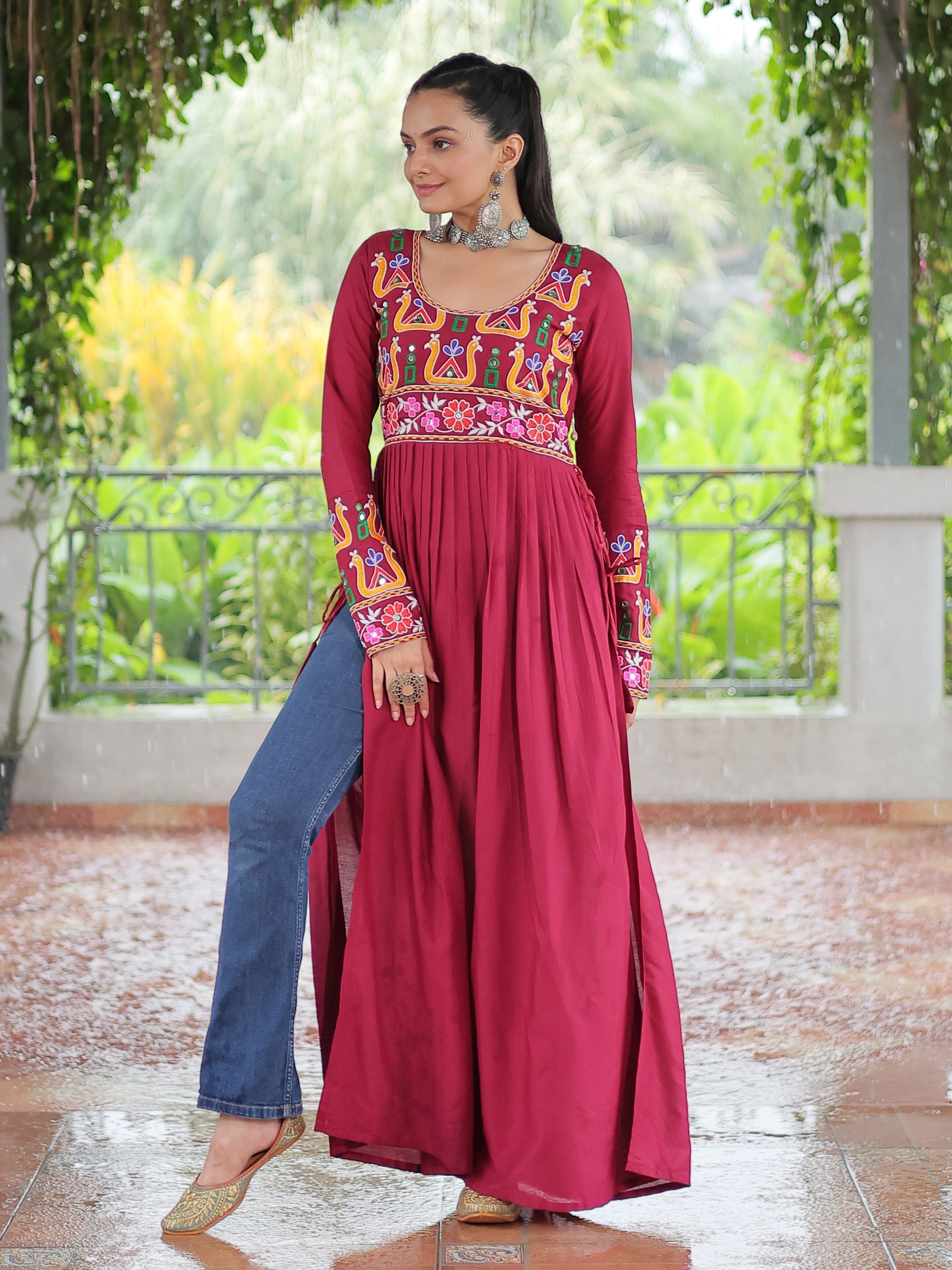 Red Pure Rayon Kutchi Gamthi Work Nayra Cut Kurti