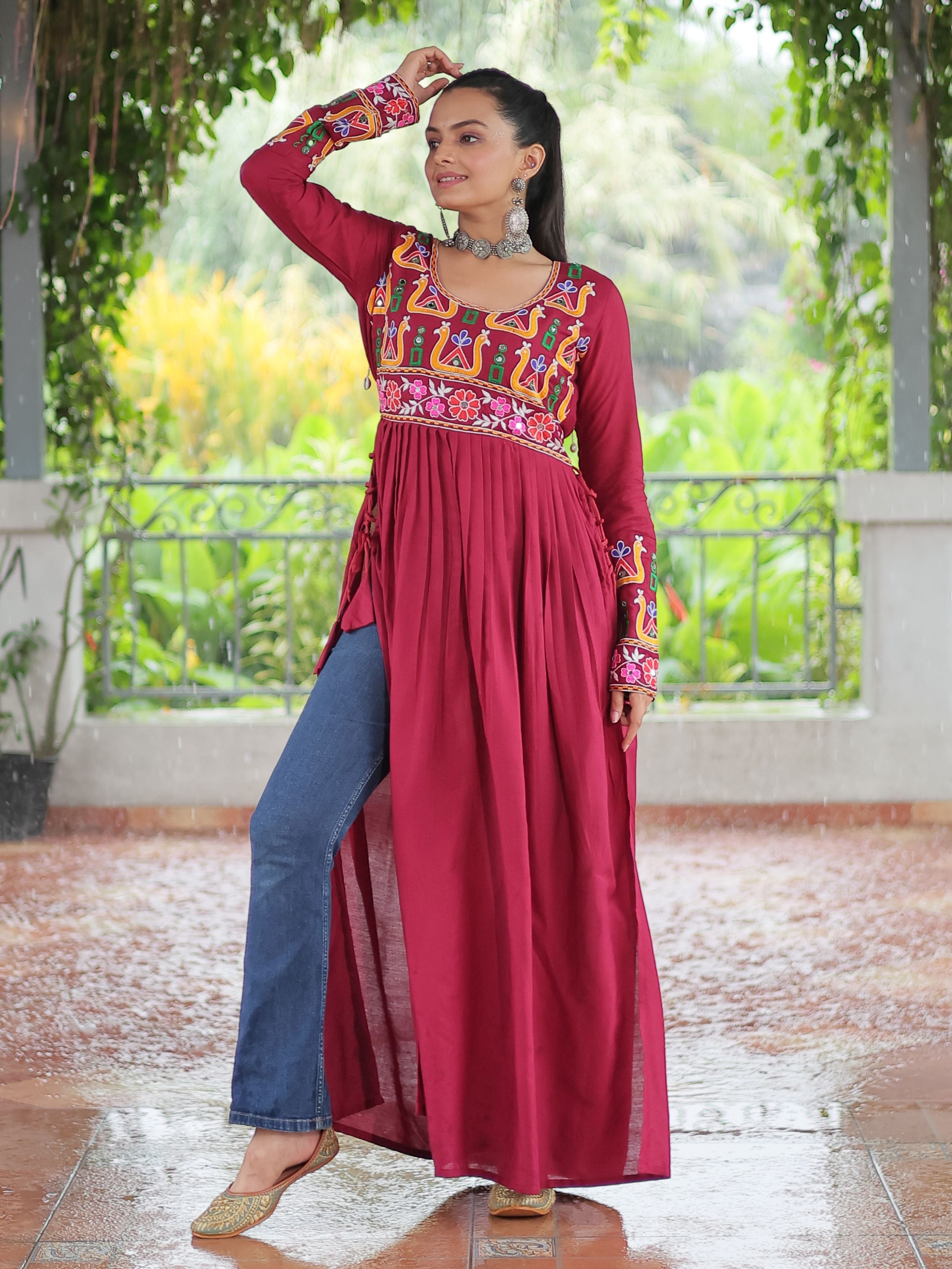 Red Pure Rayon Kutchi Gamthi Work Nayra Cut Kurti