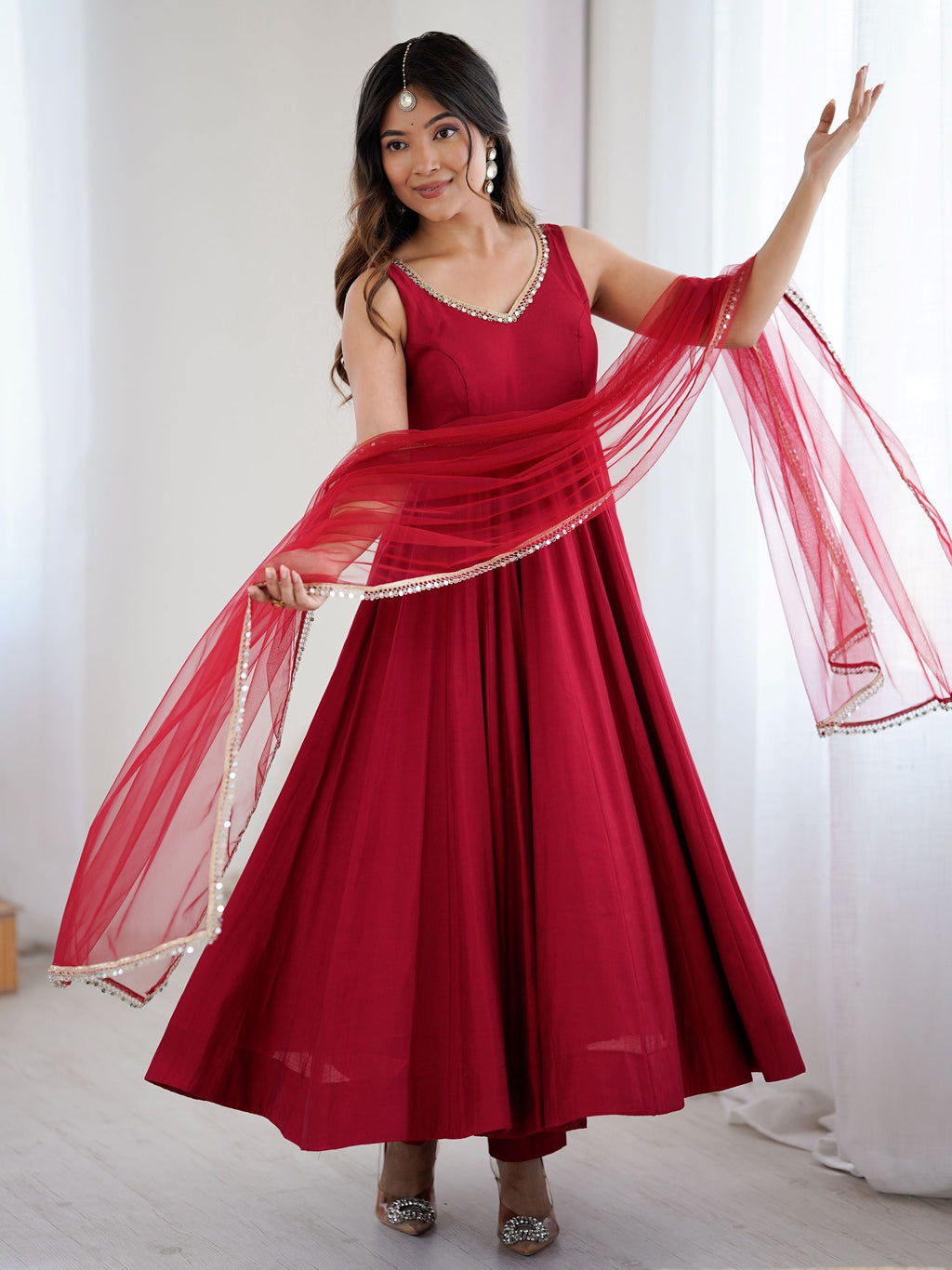 Red Roman Silk Chanderi Mirror Lace Anarkali Suit with Dupatta