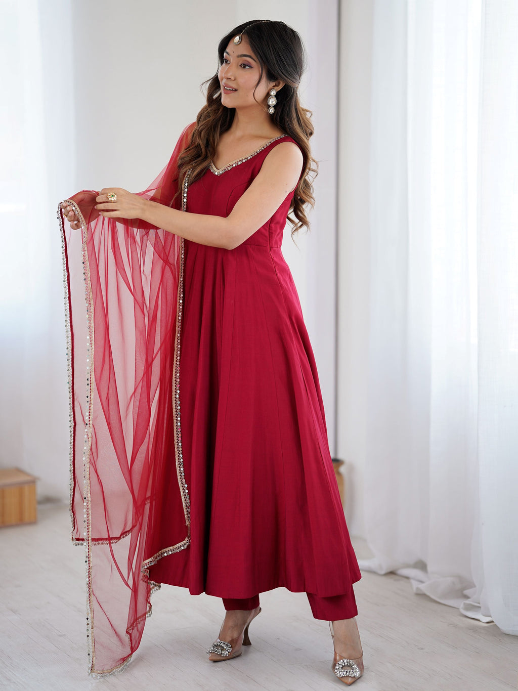 Red Roman Silk Chanderi Mirror Lace Anarkali Suit with Dupatta