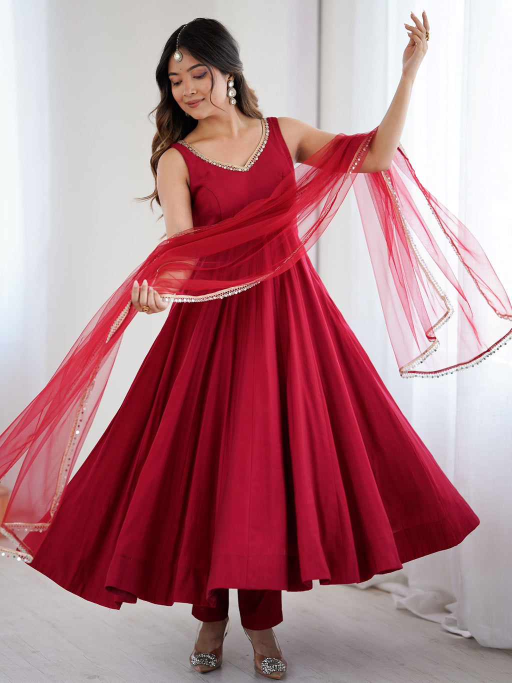 Red Roman Silk Chanderi Mirror Lace Anarkali Suit with Dupatta