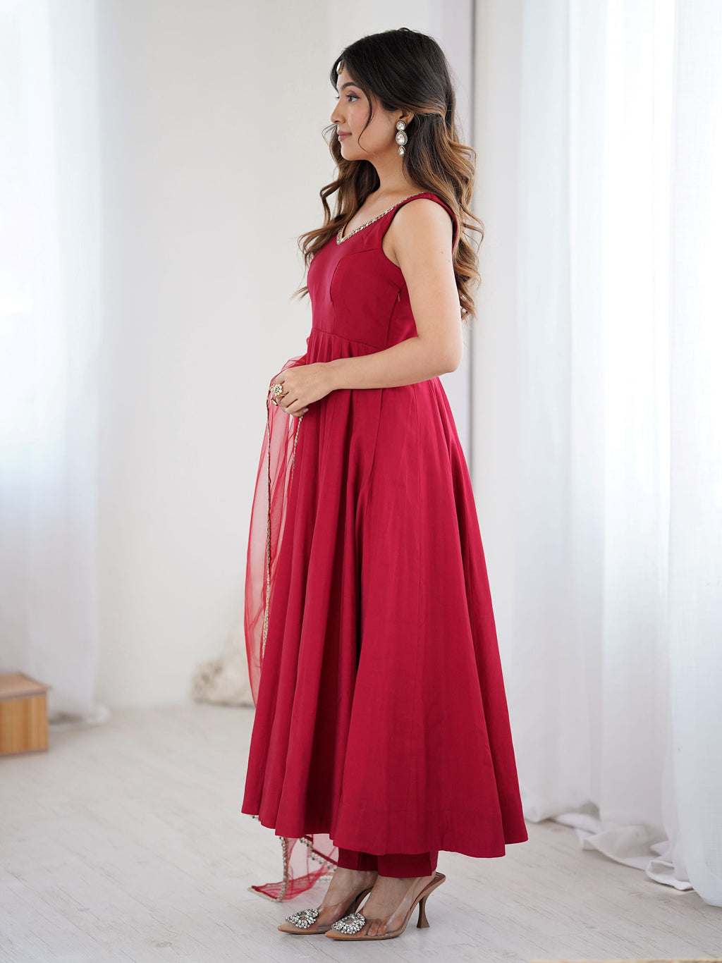 Red Roman Silk Chanderi Mirror Lace Anarkali Suit with Dupatta