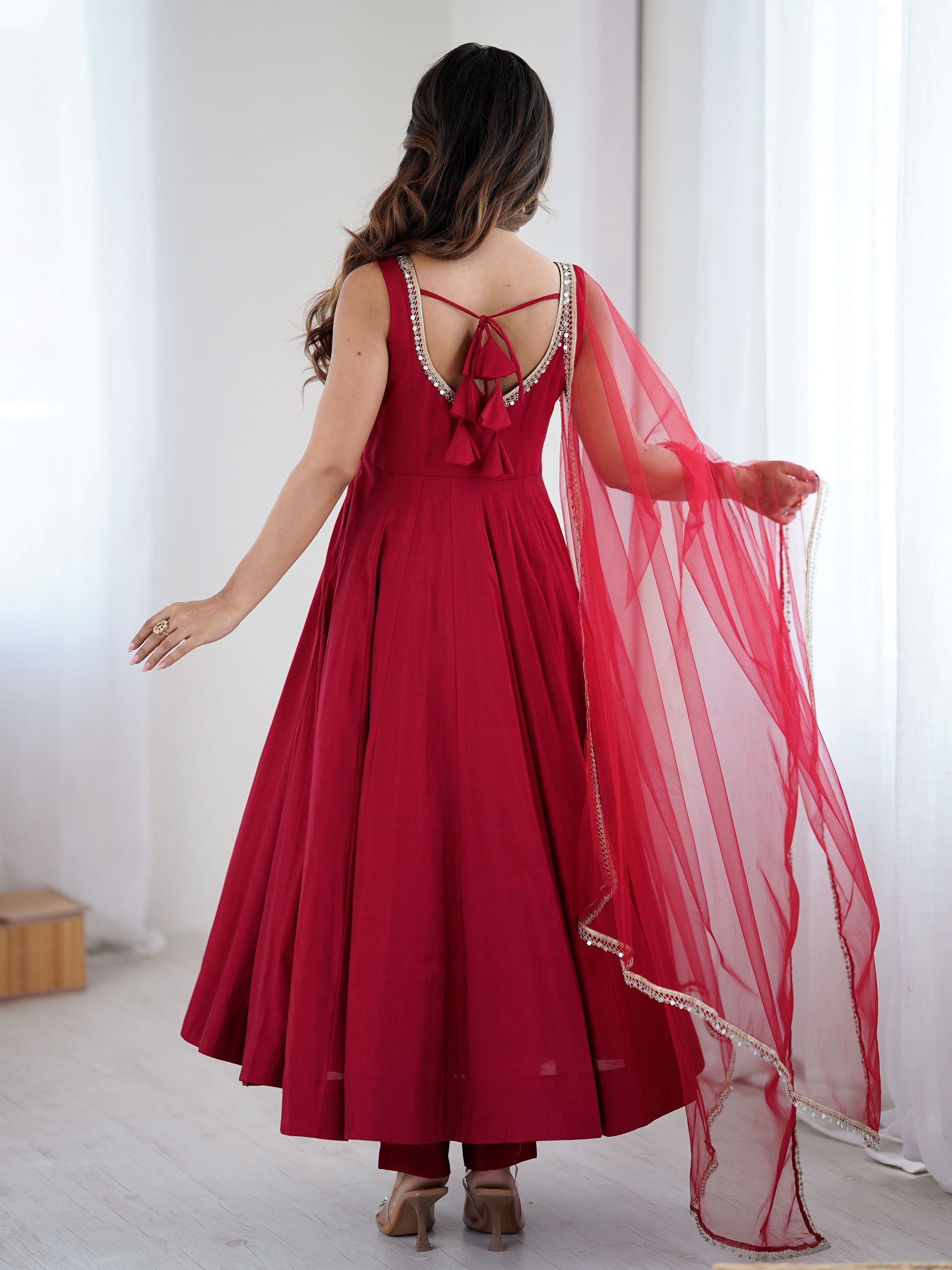 Red Roman Silk Chanderi Mirror Lace Anarkali Suit with Dupatta