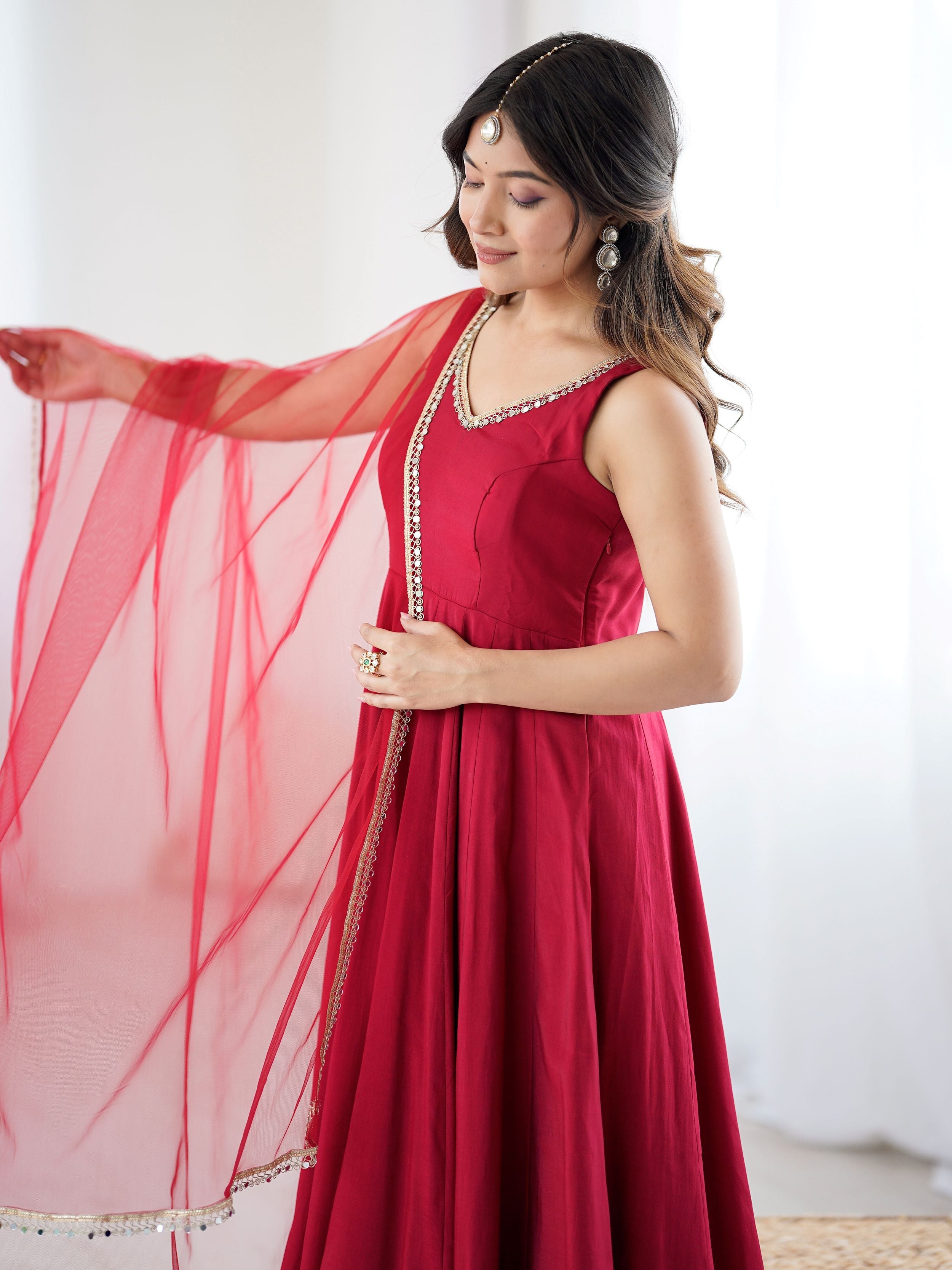 Red Roman Silk Chanderi Mirror Lace Anarkali Suit with Dupatta