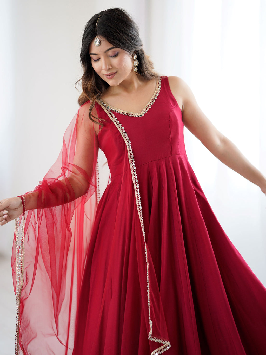 Red Roman Silk Chanderi Mirror Lace Anarkali Suit with Dupatta