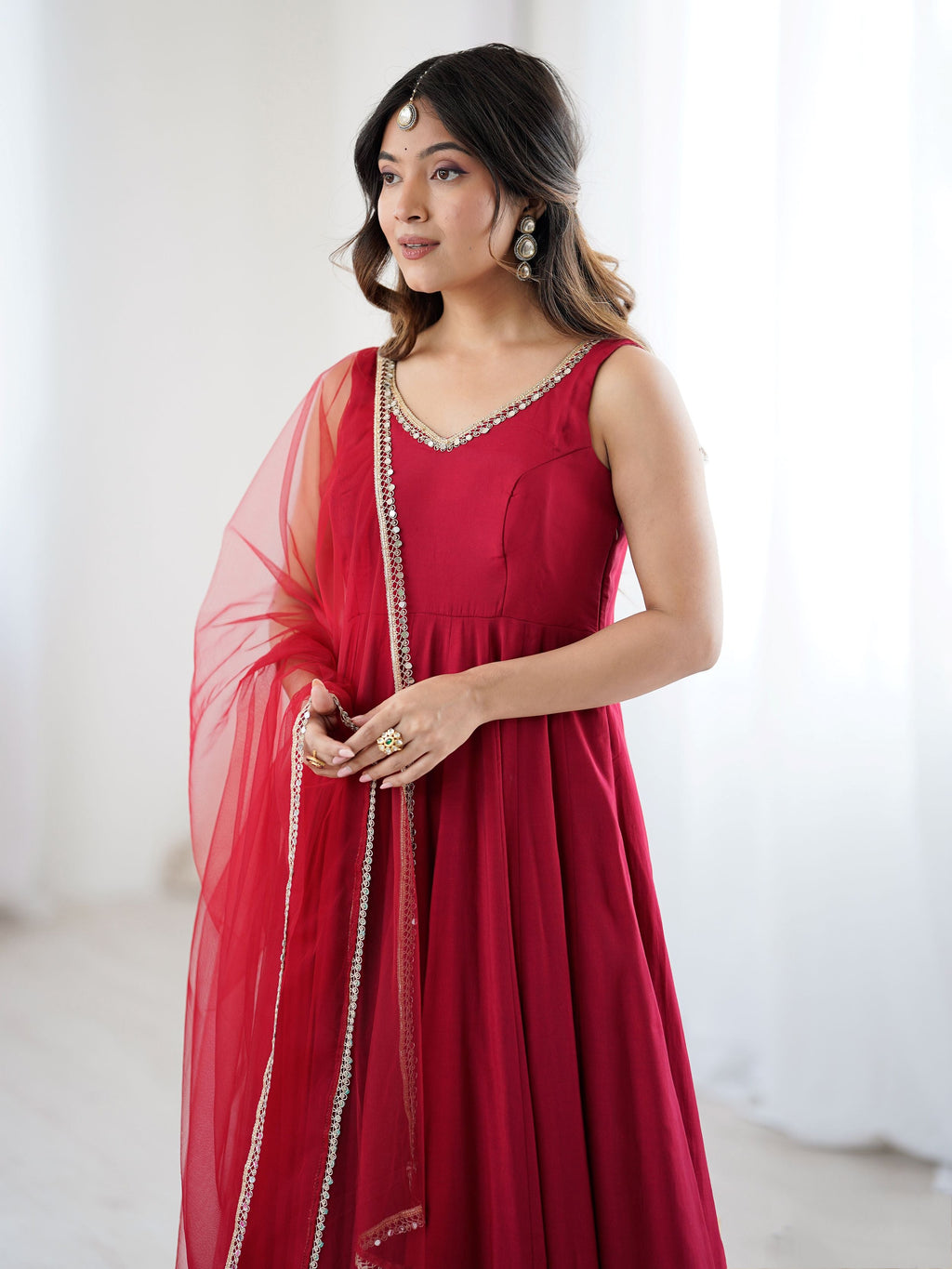 Red Roman Silk Chanderi Mirror Lace Anarkali Suit with Dupatta