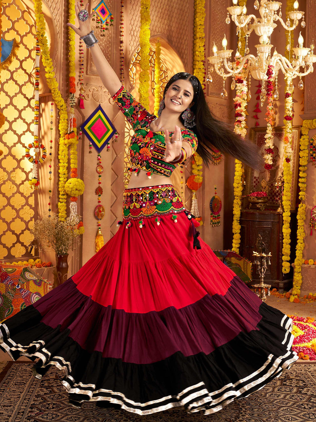 Red Viscose Cotton Mirror Embroidery Navratri Lehenga Choli with Belt