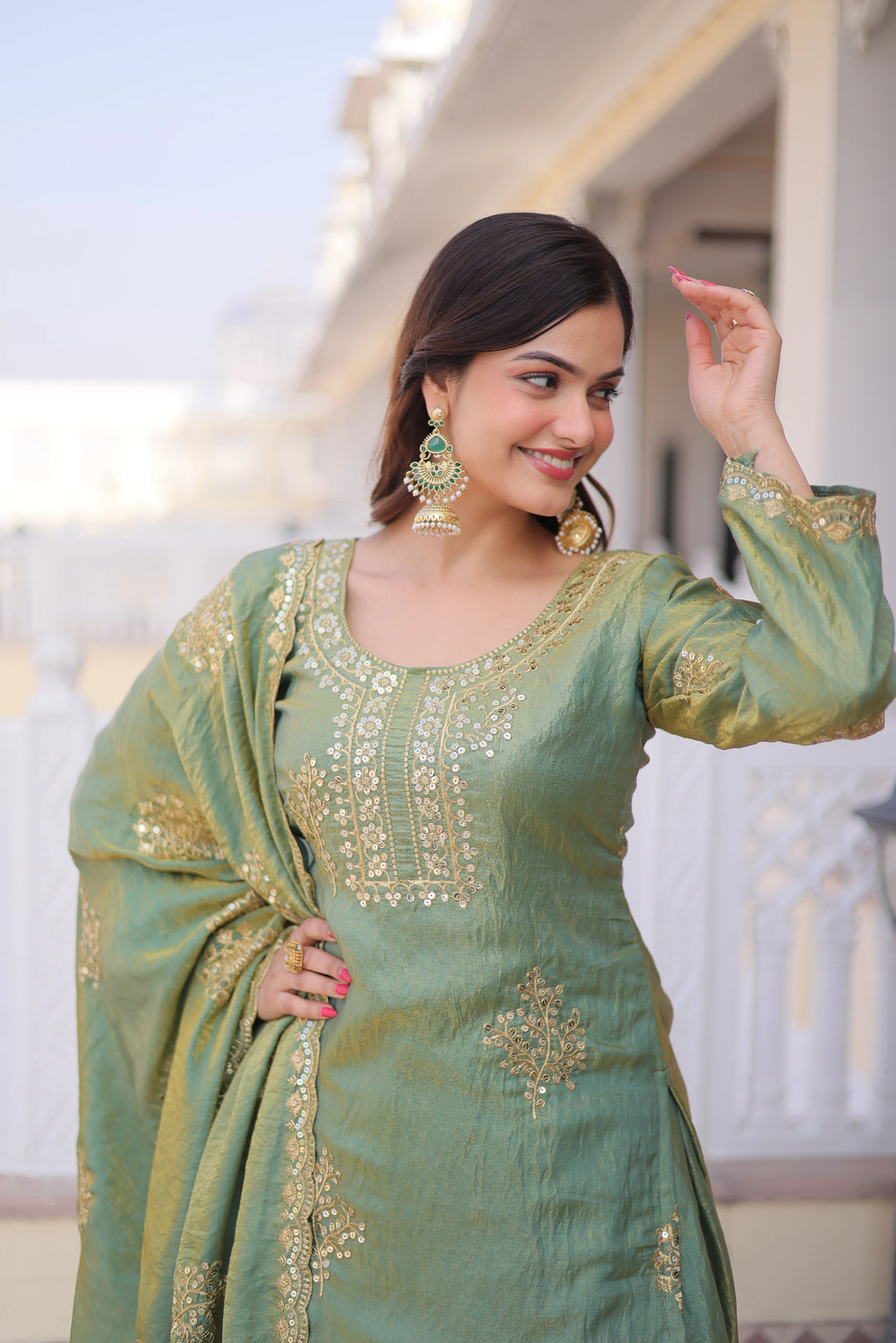 Reysha Pista Green Fendi Crush
Zari Sequins Embroidered Work Kurti Sharara Set