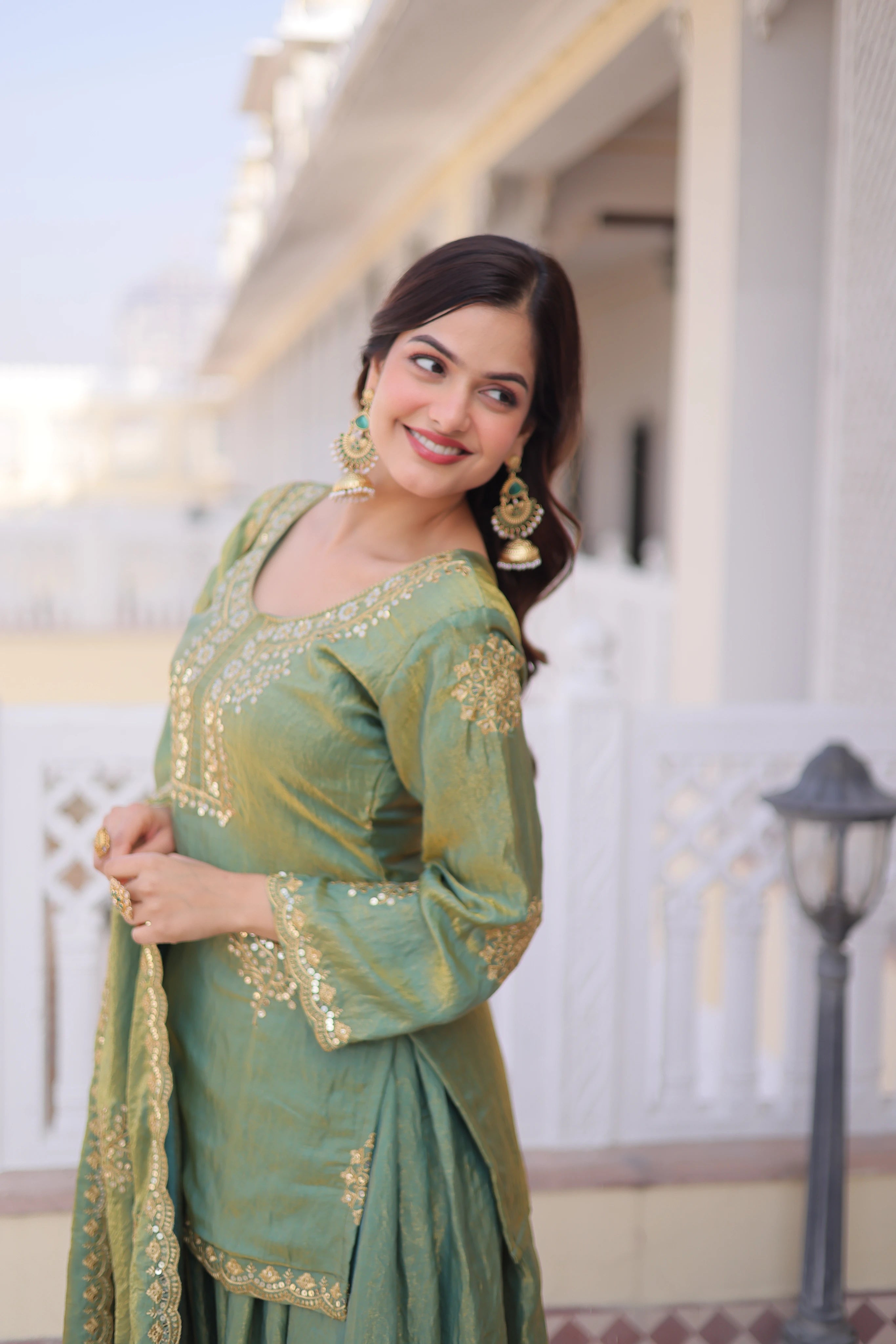 Reysha Pista Green Fendi Crush
Zari Sequins Embroidered Work Kurti Sharara Set