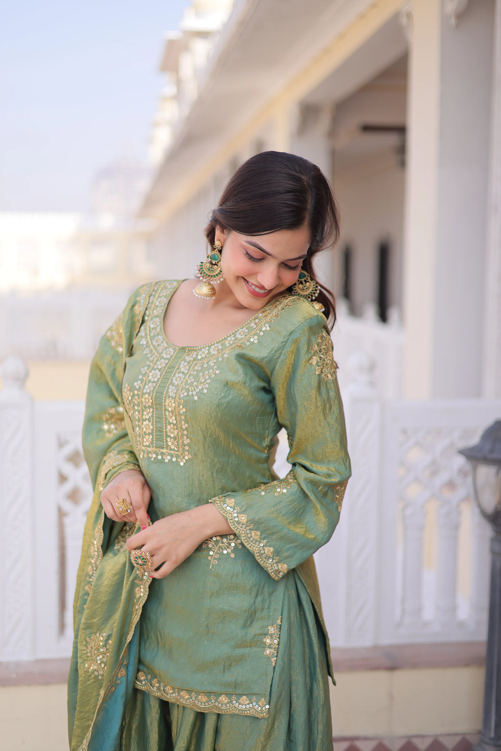 Reysha Pista Green Fendi Crush
Zari Sequins Embroidered Work Kurti Sharara Set