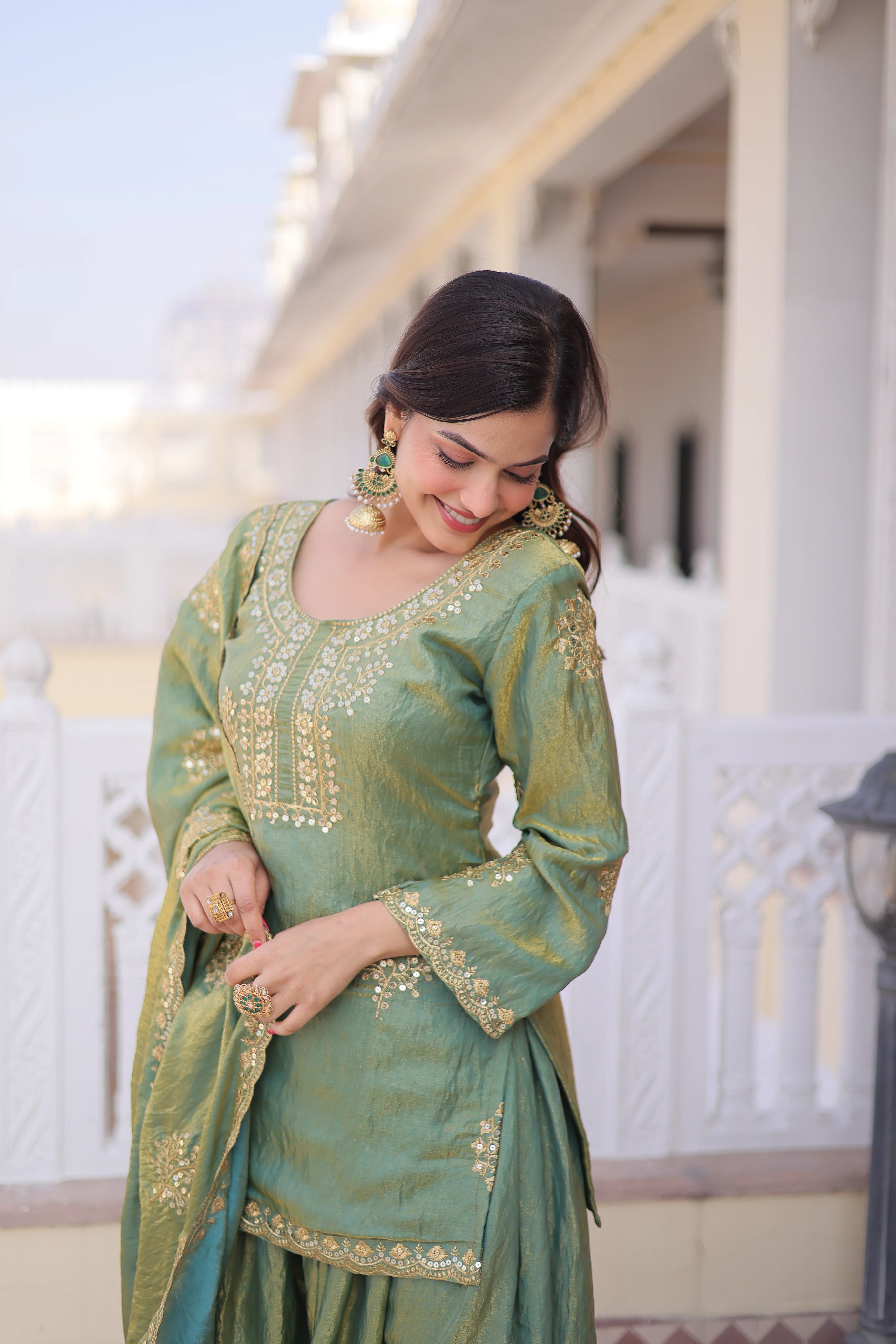 Reysha Pista Green Fendi Crush
Zari Sequins Embroidered Work Kurti Sharara Set