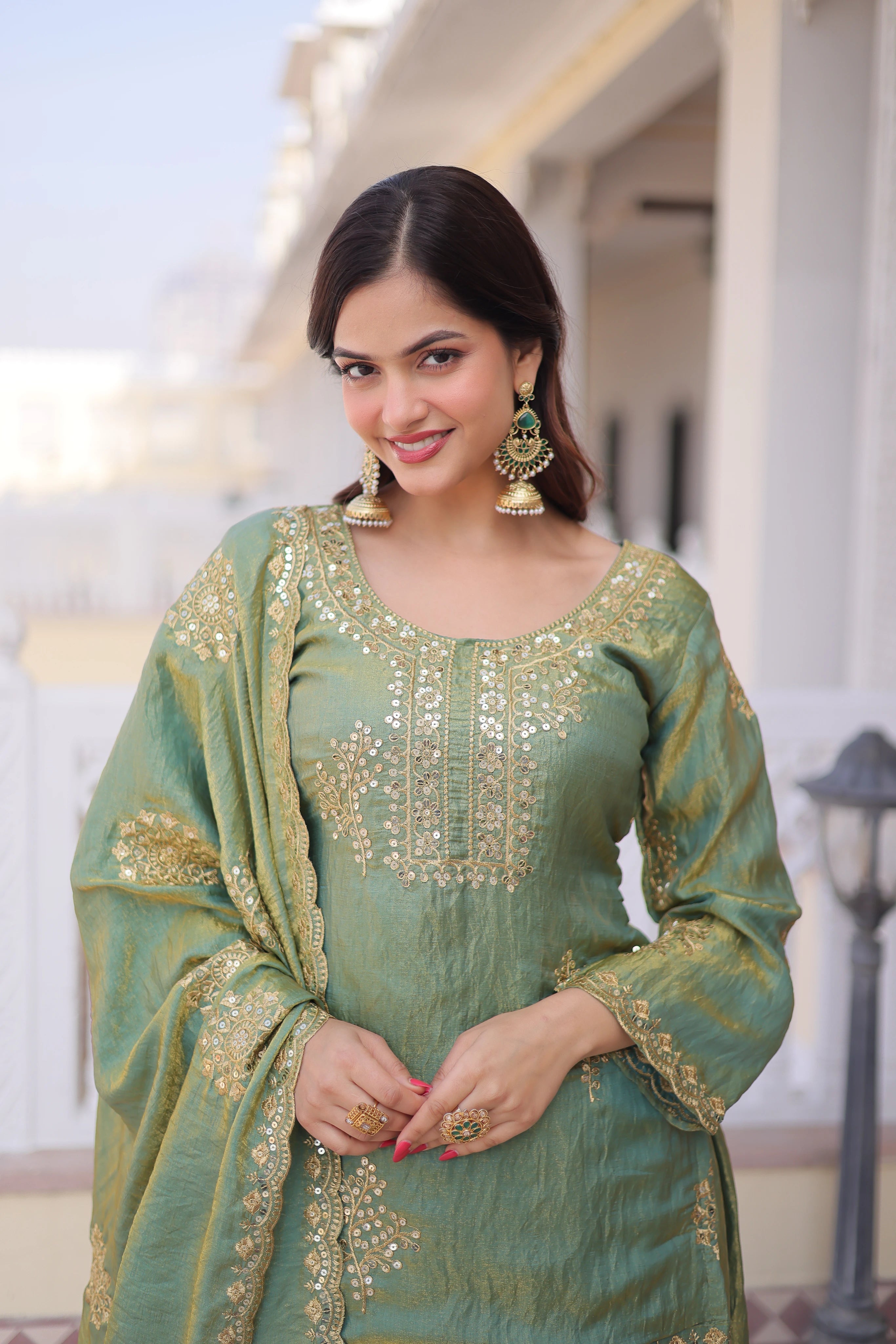 Reysha Pista Green Fendi Crush
Zari Sequins Embroidered Work Kurti Sharara Set