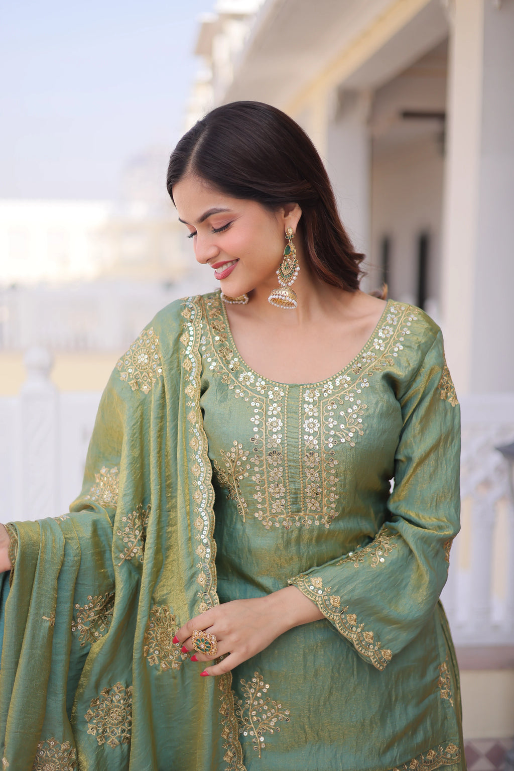 Reysha Pista Green Fendi Crush
Zari Sequins Embroidered Work Kurti Sharara Set