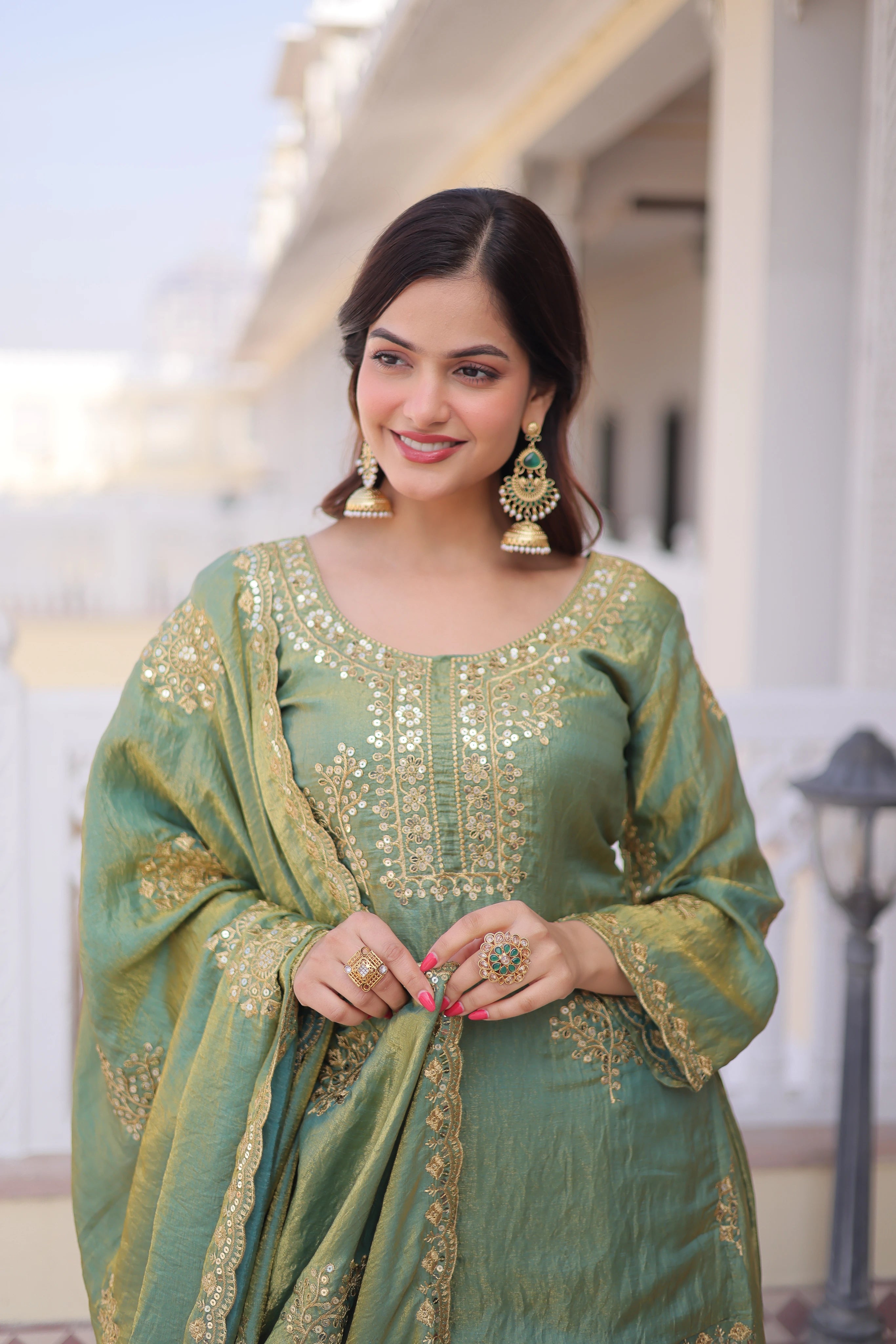 Reysha Pista Green Fendi Crush
Zari Sequins Embroidered Work Kurti Sharara Set