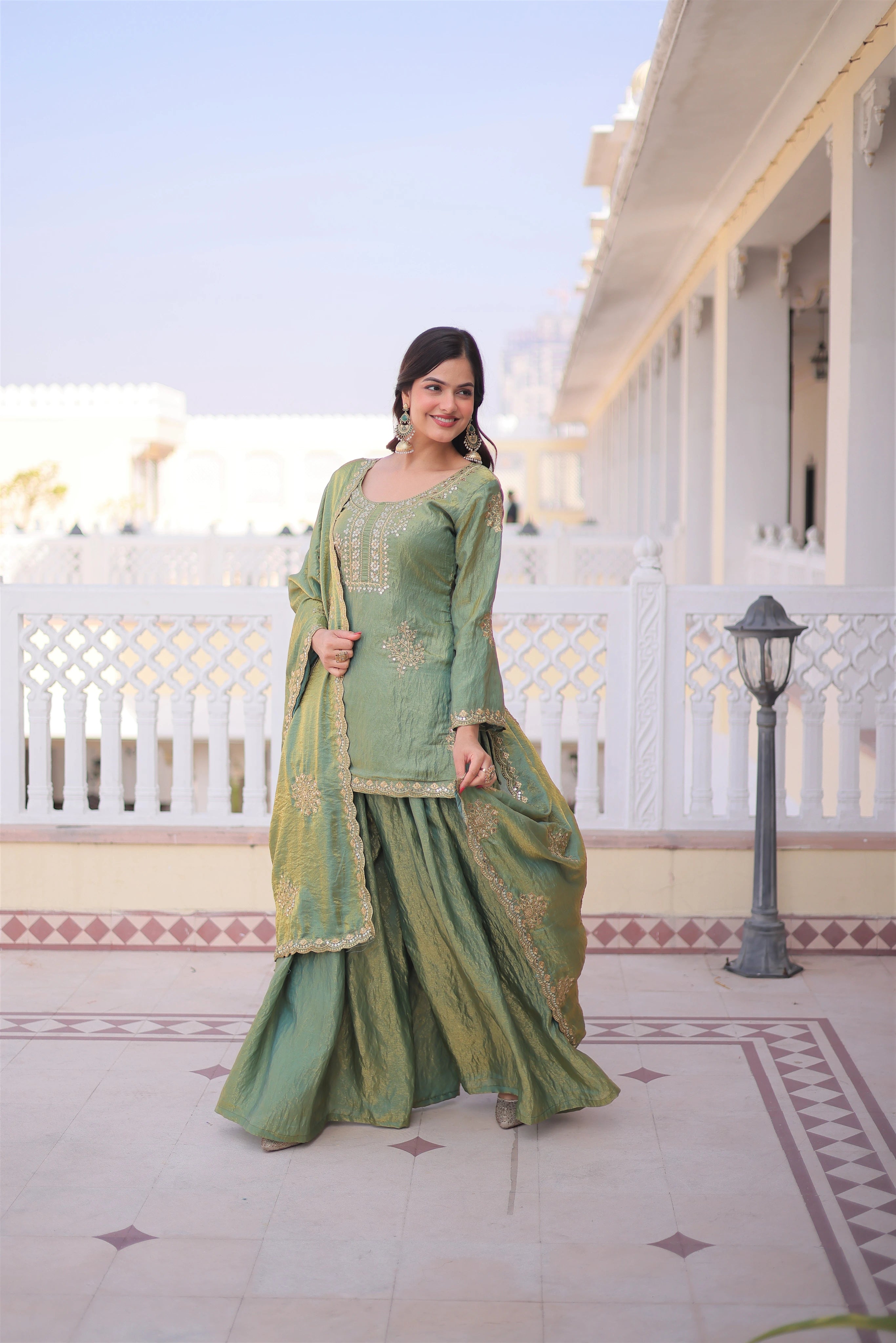 Reysha Pista Green Fendi Crush
Zari Sequins Embroidered Work Kurti Sharara Set
