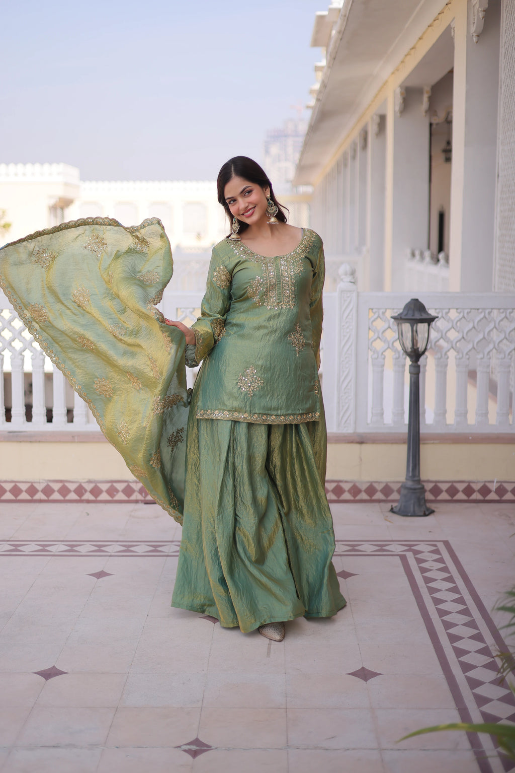 Reysha Pista Green Fendi Crush
Zari Sequins Embroidered Work Kurti Sharara Set