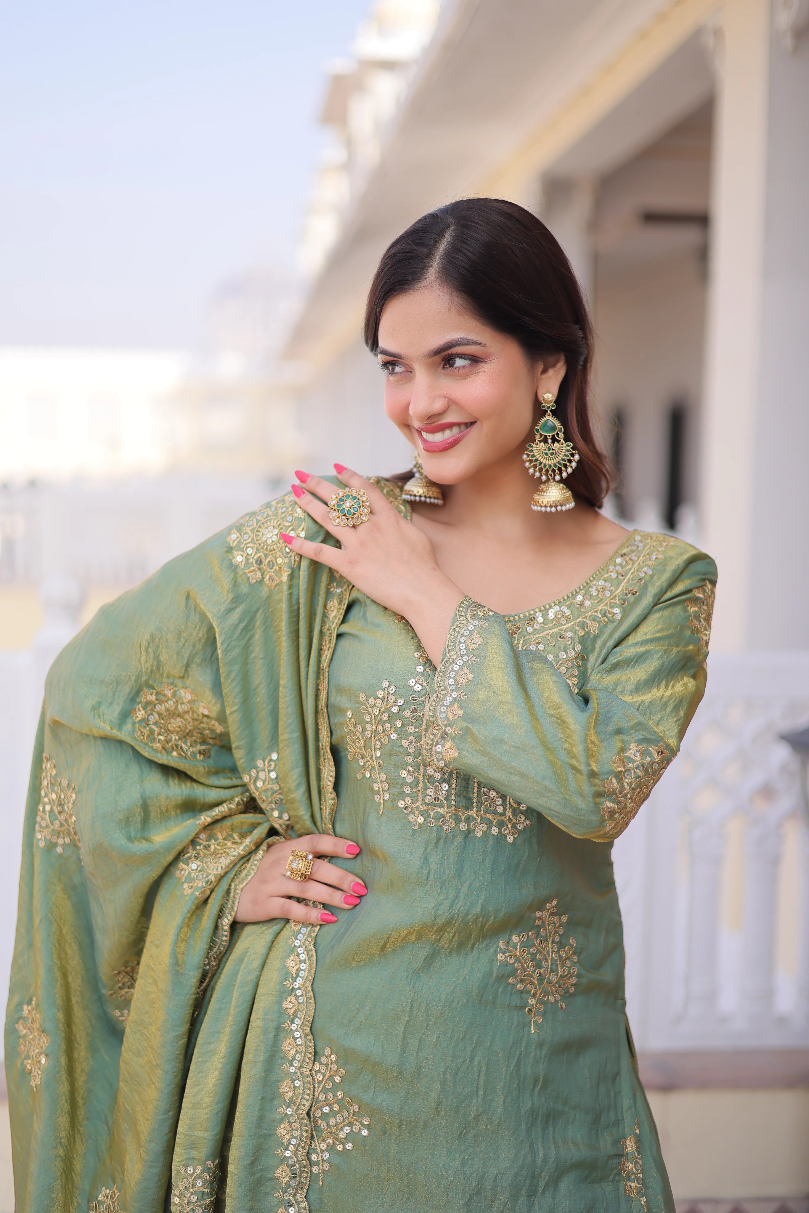 Reysha Pista Green Fendi Crush
Zari Sequins Embroidered Work Kurti Sharara Set