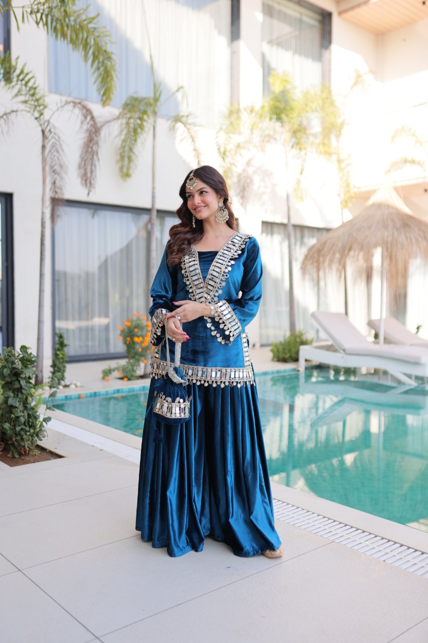 Riva blue velvet kurti palazzo set with zari embroidered real mirror work
