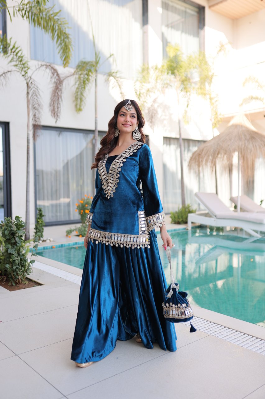 Riva blue velvet kurti palazzo set with zari embroidered real mirror work