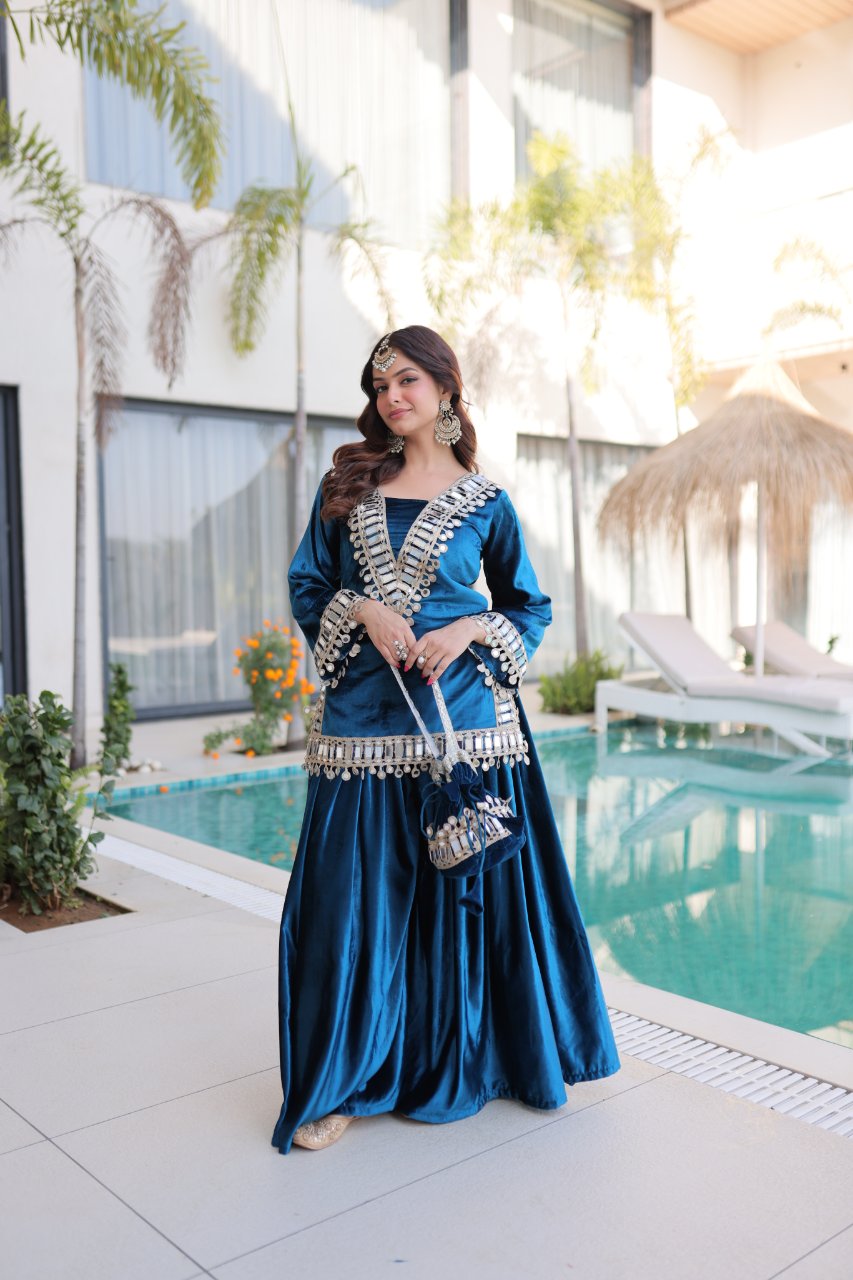 Riva blue velvet kurti palazzo set with zari embroidered real mirror work